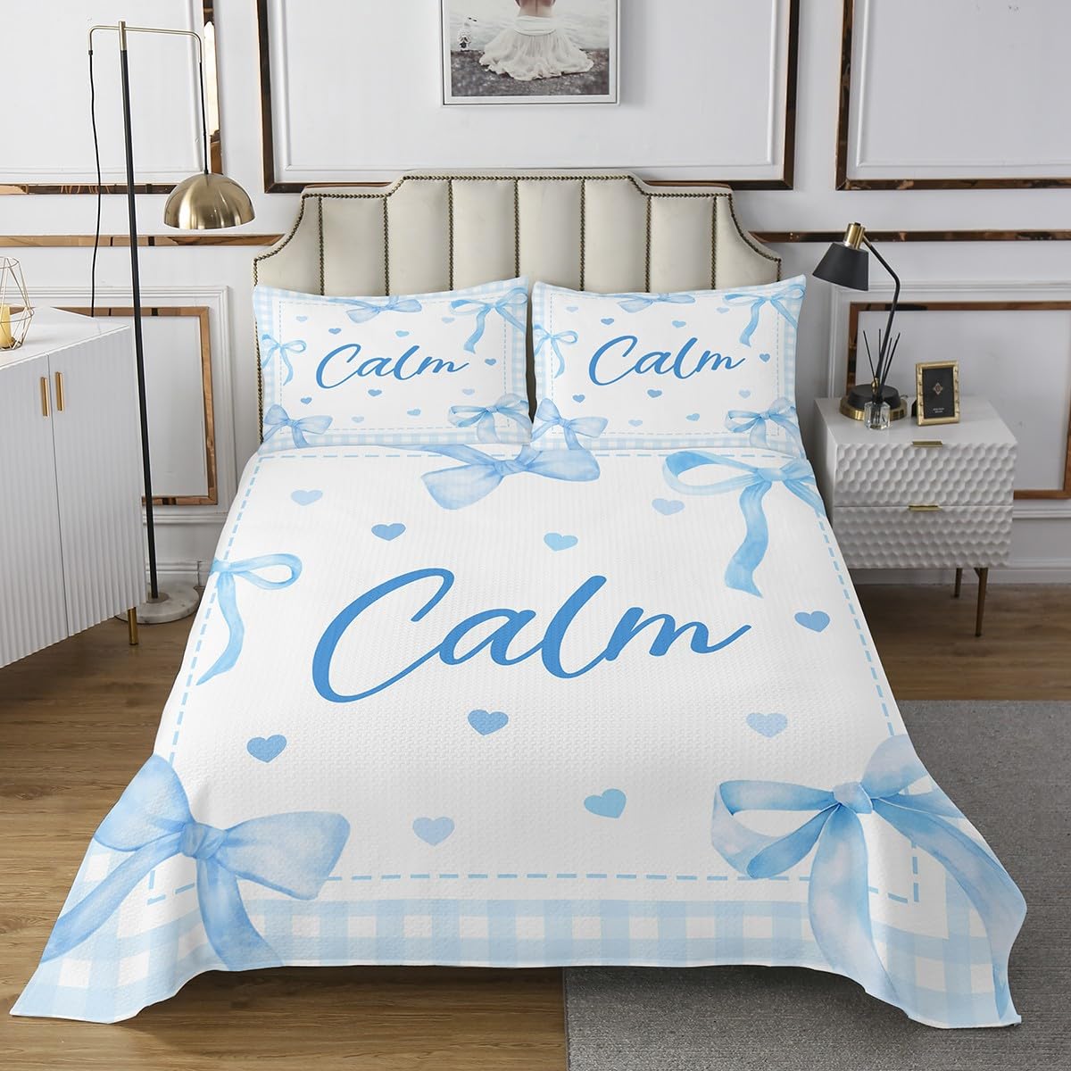 Erosebridal Cute Blue Bow Knot Quilt Sets,Calm Cartoon Bow Quilts for Kids Boys Girls,Kawaii Love Heart Bowtie Bedspread Set King Size,Butterfly Knot Princess Style Coverlet Set 3 Piece