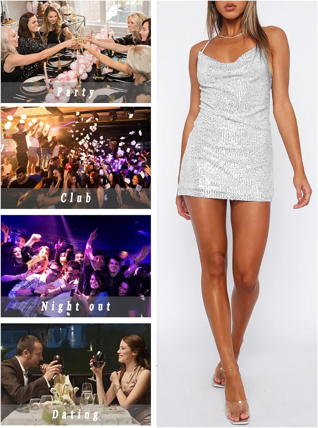 Women's Sequin Sparkly Glitter Dress Sexy Sleeveless Backless Spaghetti Strap Party Club Bodycon Mini Dress - Image 6
