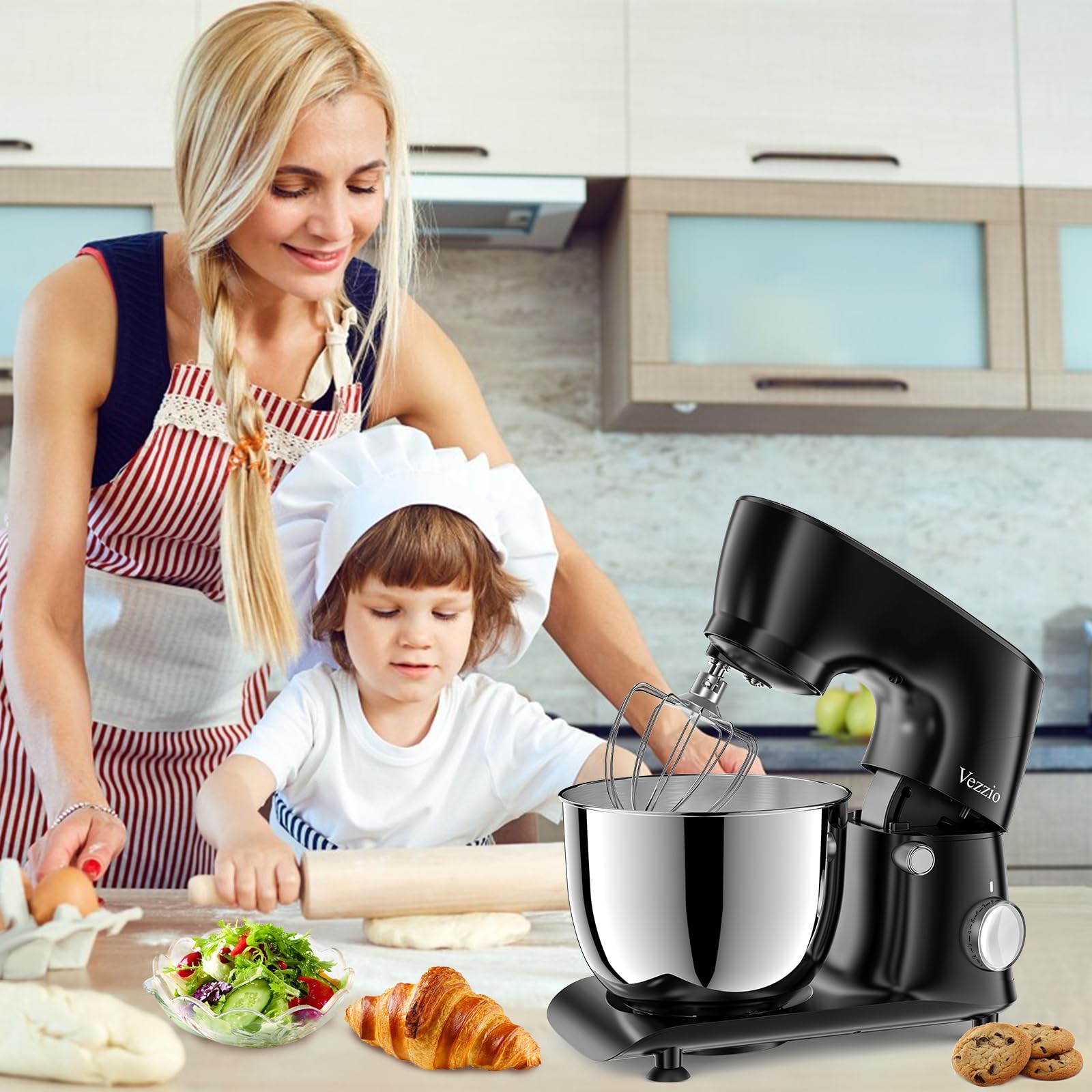 Vezzio Impastatrice Planetaria, 1500W Robot da Cucina Multifunzione, 5.5L 10 Velocità Impastatrice Professionale con Frusta, Gancio per Impastare, Frusta per Dolci, Ciotola di Acciaio Inossidabile