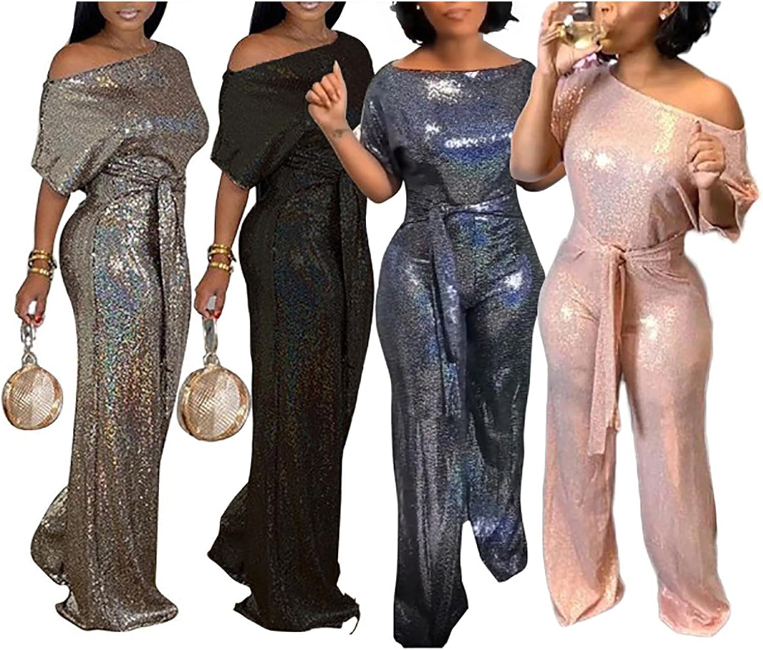 LKOUS Women's Off Shoulder Sequin Jumpsuit Sparkly Short Sleeve High Waisted Wide Leg Romper Beach Vacation Outfits - Image 7