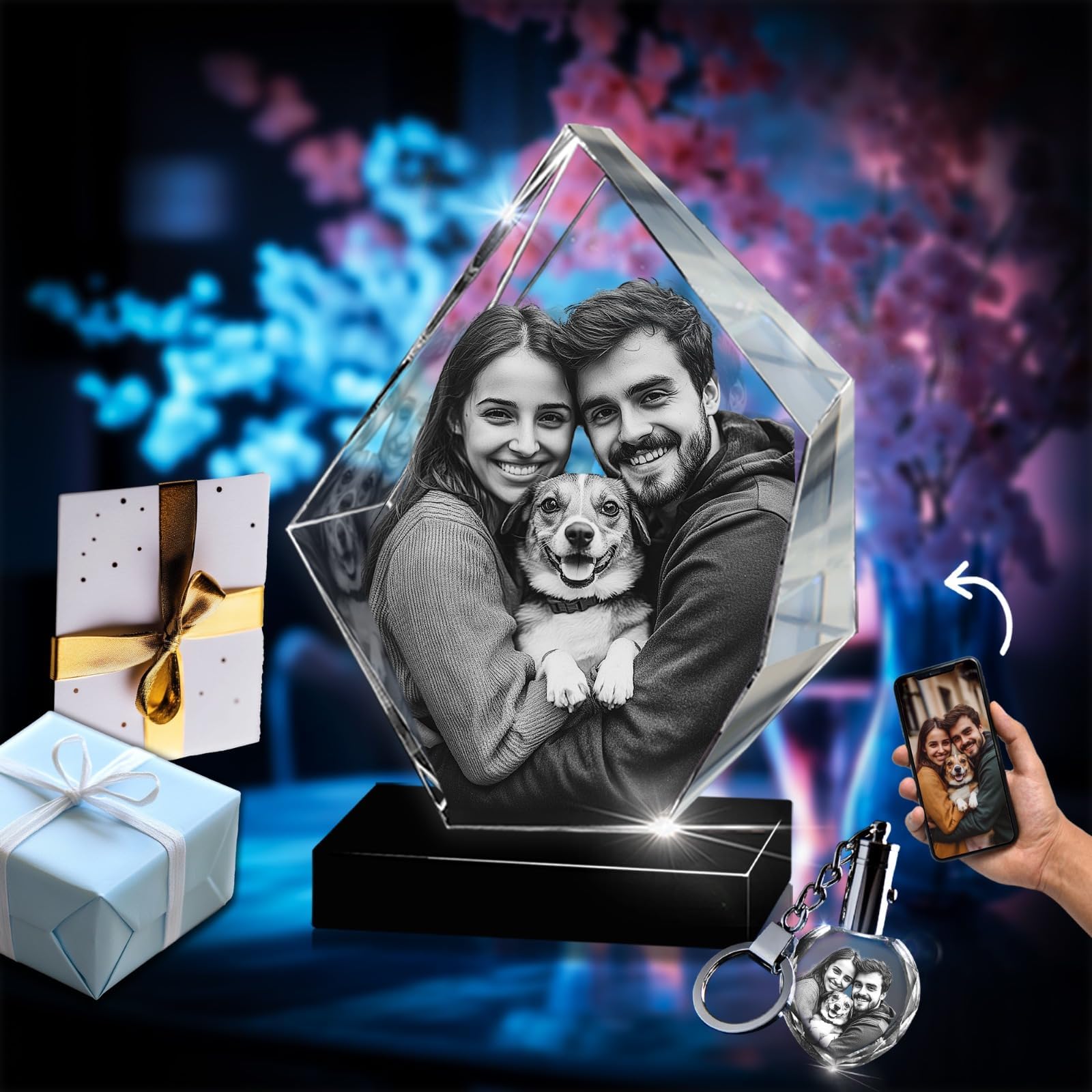 3D innovation Premium 3D Crystal Photo with LED Light Base, Personalized Memorial Gifts for Mom, Dad, Wife, Men, Pets, Prestige Laser Etched Crystal Detail, Sympathy Gifts for Loss of Loved One