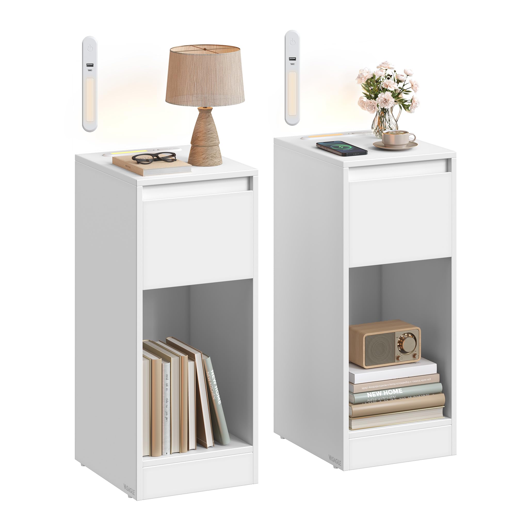 VASAGLE Comodino sottile con stazione di ricarica e luce LED, set di 2 tavolini laterali stretti, porte USB, cassetto e scomparto aperto, per camera da letto, soggiorno, bianco nuvola LET710W01