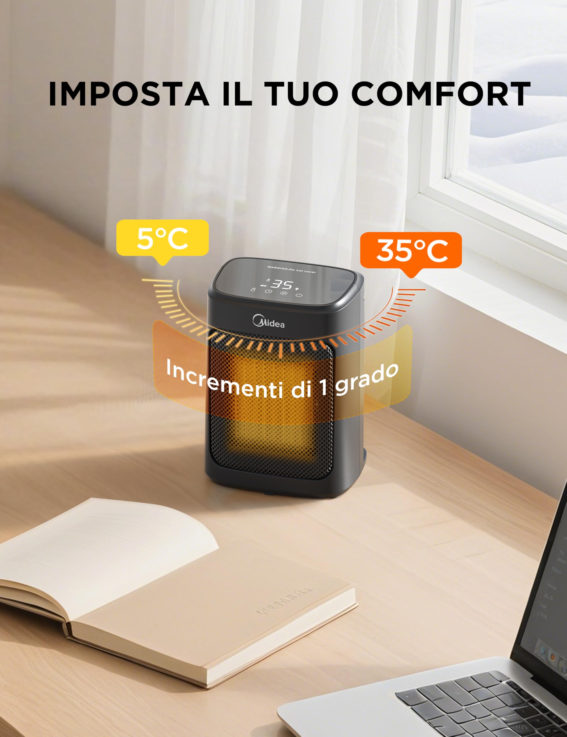 Stufetta Elettrica Da Tavolo Midea, Termoventilatore Ceramico PTC Da 2000 W Con 4 Modalità, Stufetta Portatile, Silenziosa E Potente, Protezione Da Surriscaldamento e Ribaltamento, Timer 24 Ore, ECO"