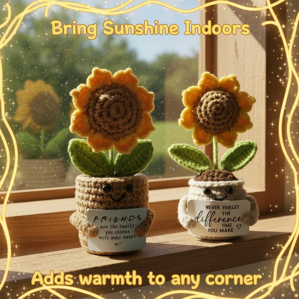 Set of 2 Mini Handmade Crochet Sunflower Pot Dolls with Inspirational Quote Cards, Knitted Sunflower Decor Gifts for Friends, Coworkers, Teachers, Cheer Up & Thank You Desk Ornament