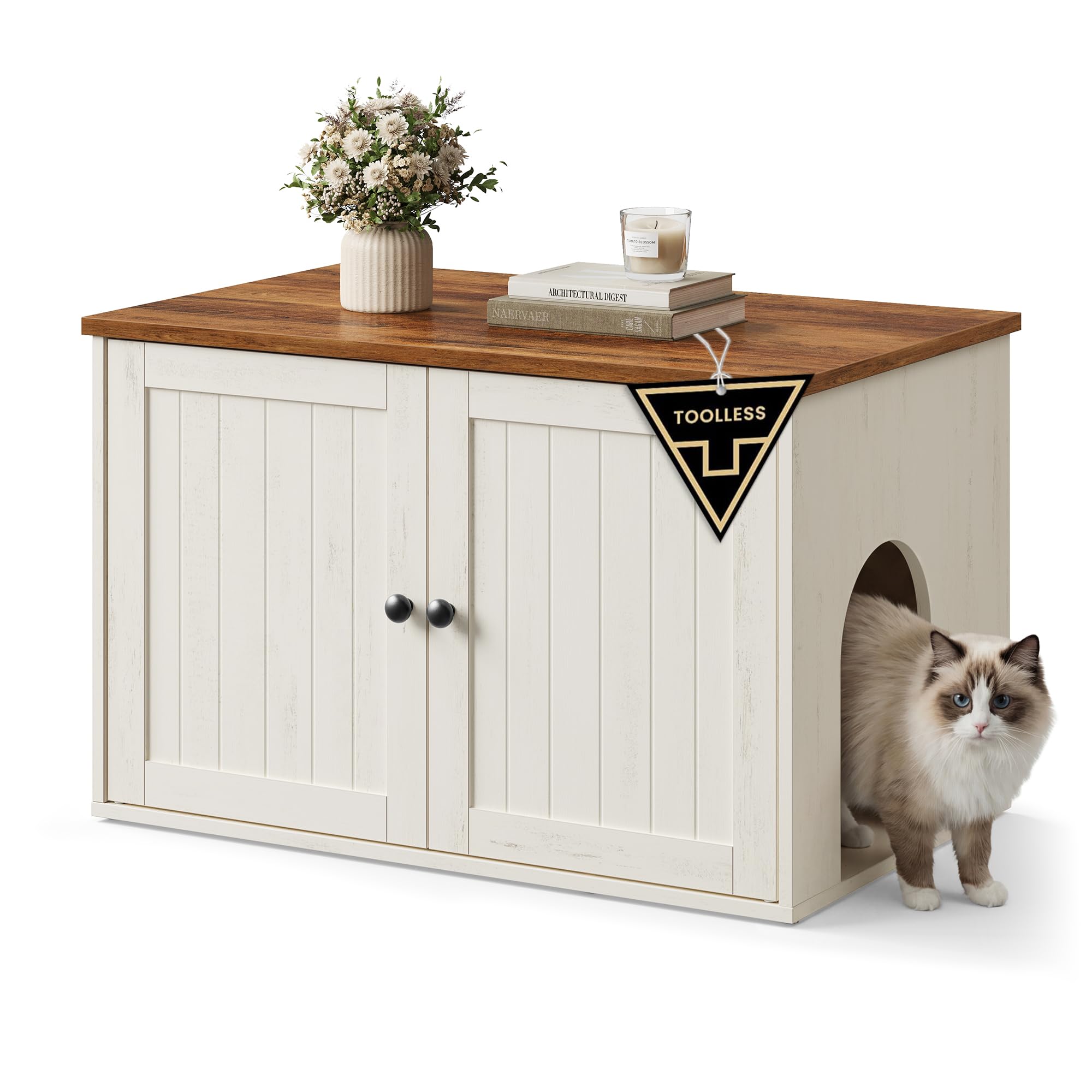 SONGMICS HOME Litter Box Enclosure, Superfast Toolless Assembly, Cat Litter Box Furniture, Push-to-Open Doors, Indoor Cat House, Rustic White and Honey Brown UPCL233WJ04S