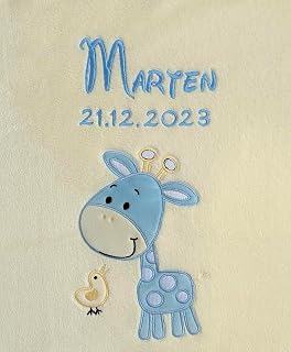 KIDDI-MEDIA Babydecke, Beige Giraffe Hellblau 2 | Mit Name und Geburtsdatum, Bes — Empfehlung für Den Look shoppen