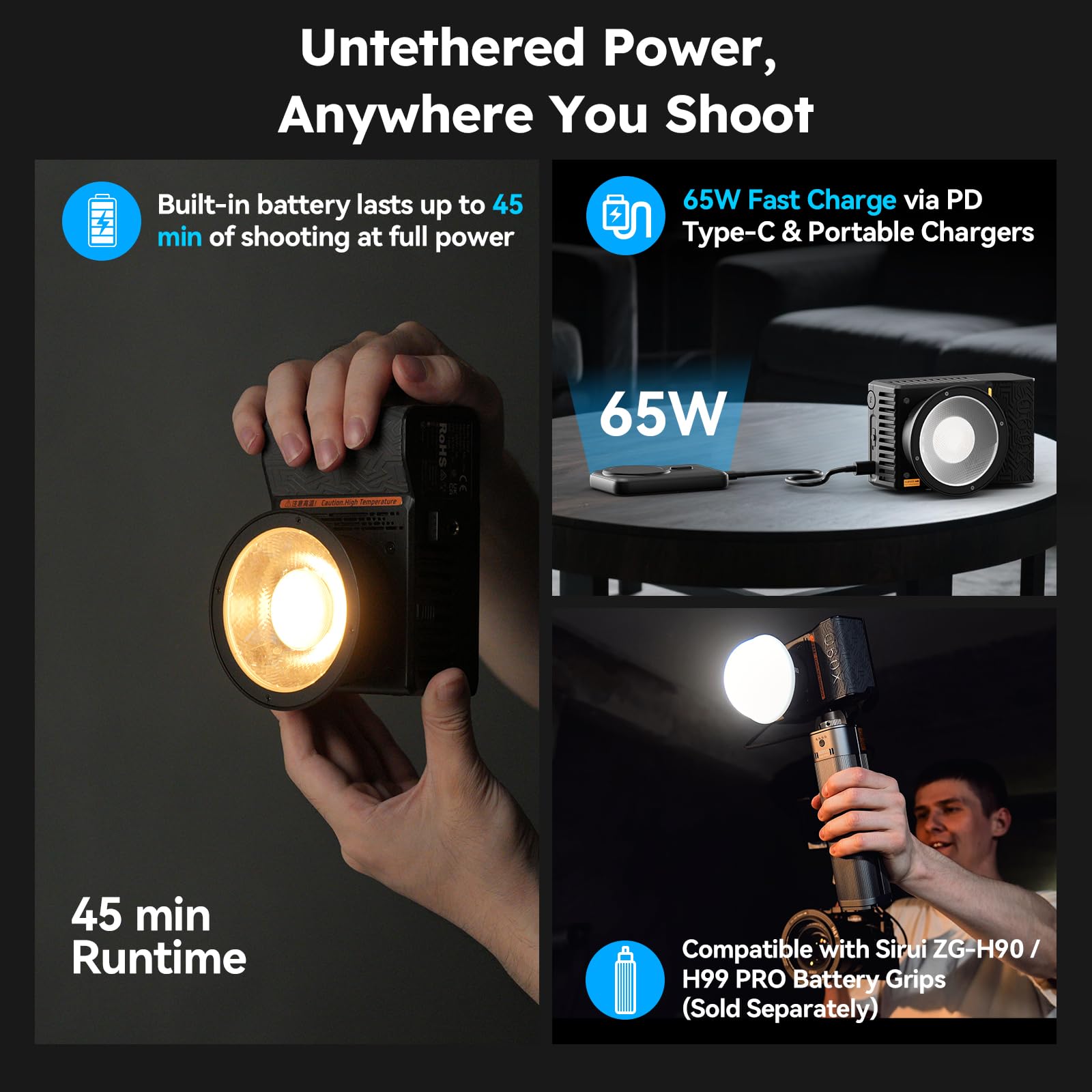 SIRUI C60X Luz Portátil para Fotografía 60W, Diseño Compacto de 0.53KG y Ultra-Silencioso 24.9dB, Carga Rápida 2H, Salida de 13,000 Lux, Control Bluetooth para Iluminación de Video en Estudio