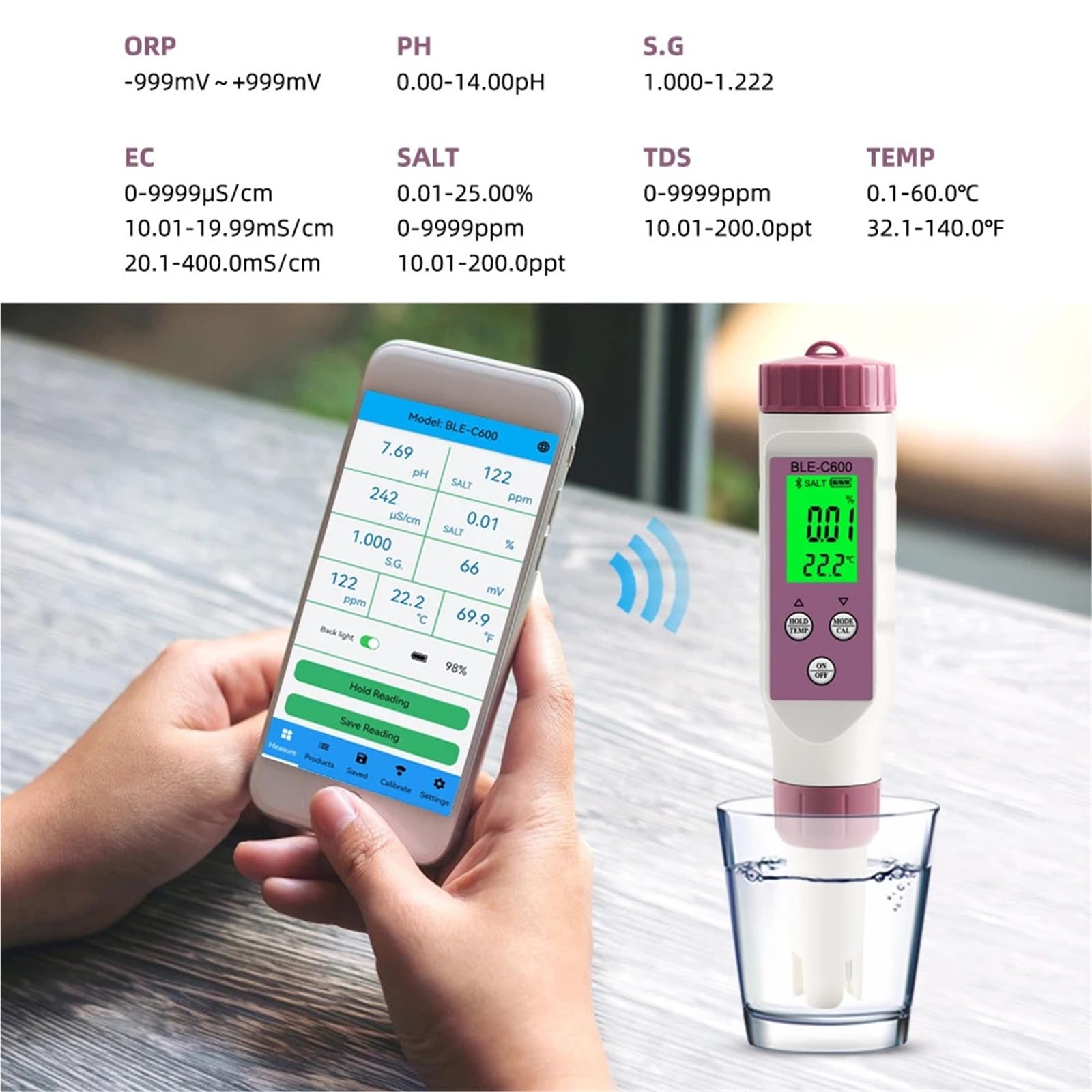 Testeur d'eau, Testeur de qualité de l'eau 7 en 1, testeur de température, ORP, EC, TDS, salinité, SG, PH, Bluetooth, contrôle par Application for Aquarium, Laboratoire