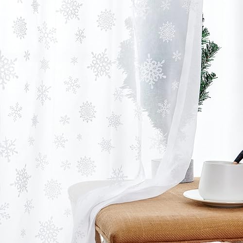 Miniatura 9 de jinchan Cortinas de Navidad traslúcidas blancas con diseño de copo de nieve de 96 pulgadas de largo para sala de estar, cortinas de nieve con