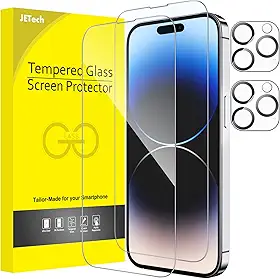 JETech Película de Vidro Temperado Cobertura Total para iPhone 14 Pro Max 6,7 Polegadas com Protetor Lente Câmera, Protetor de Tela, HD Transparente, 2 Pacotes Cada