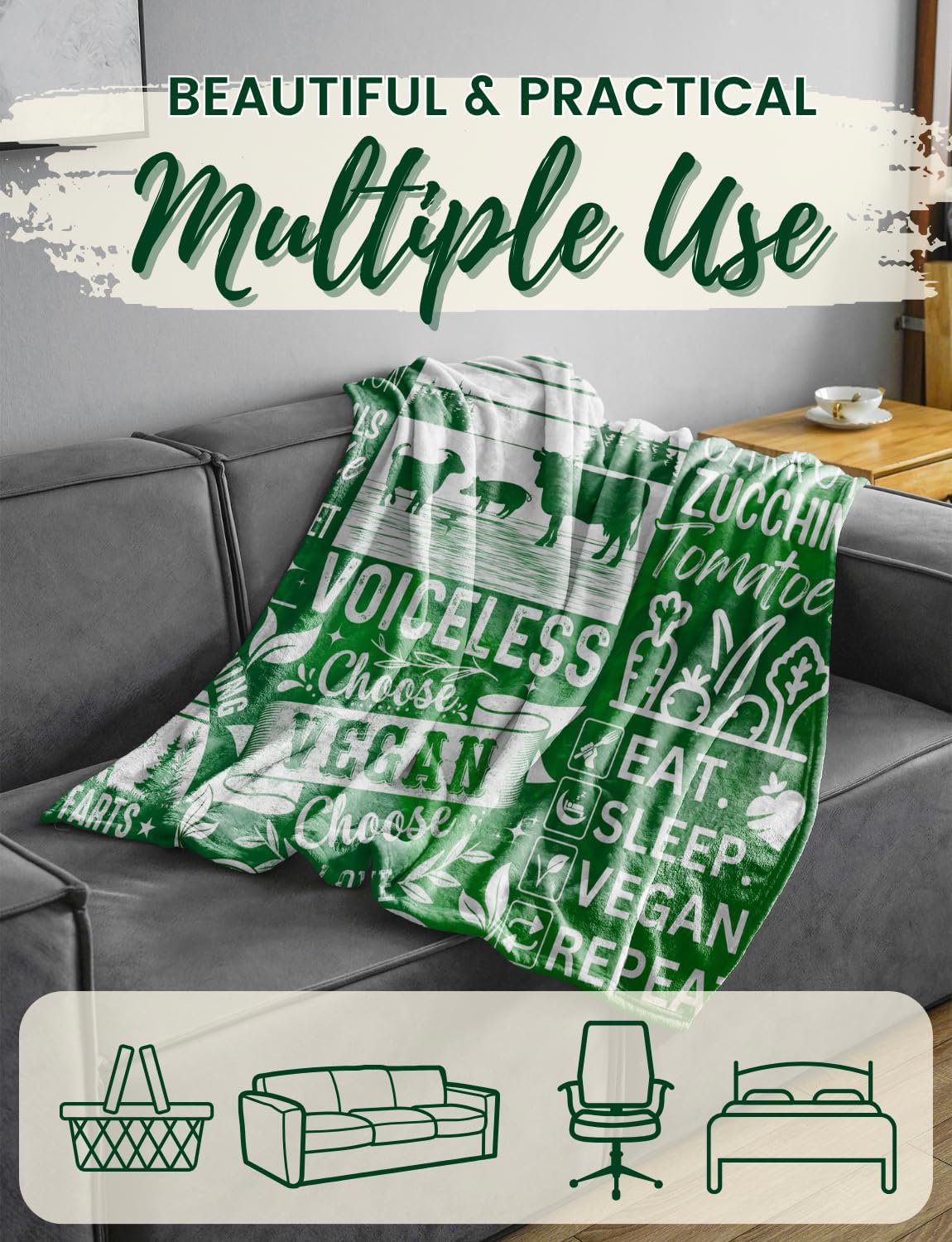 Huglanket Vegan Gifts for Women - 100% Vegan Flannel Throw Blanket (50"x 65") - Birthday, Christmas, Thanksgiving Presents - Green