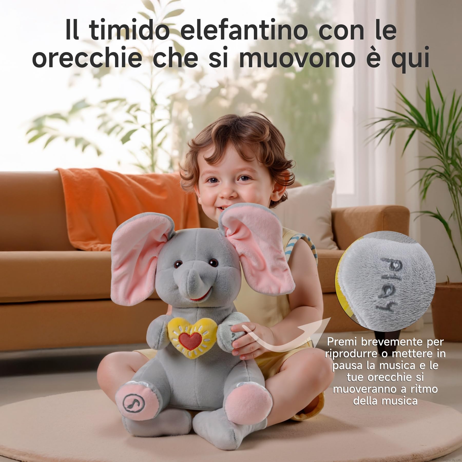 Elefante di Peluche Elettrico Animato con Orecchie Mobili e Musica, Regalo per Bambini