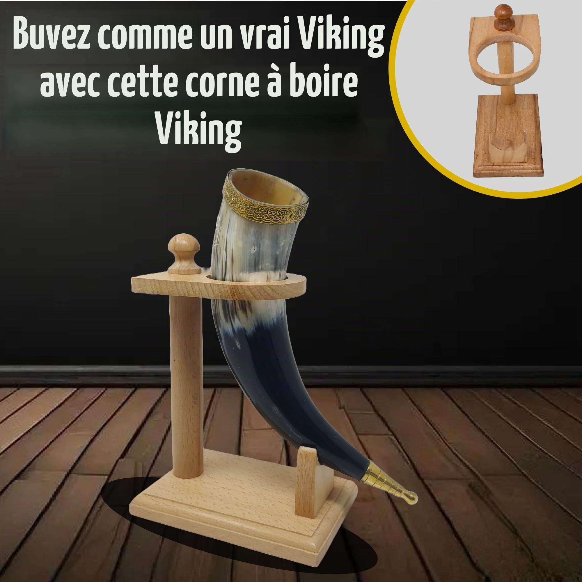 Viking Corne de bœuf | Chope | Tasse | Verre à liqueur | Décapsuleur | 100 % sans fuite | Naturel et fait à la main | Offres combinées (1 corne avec support en bois)