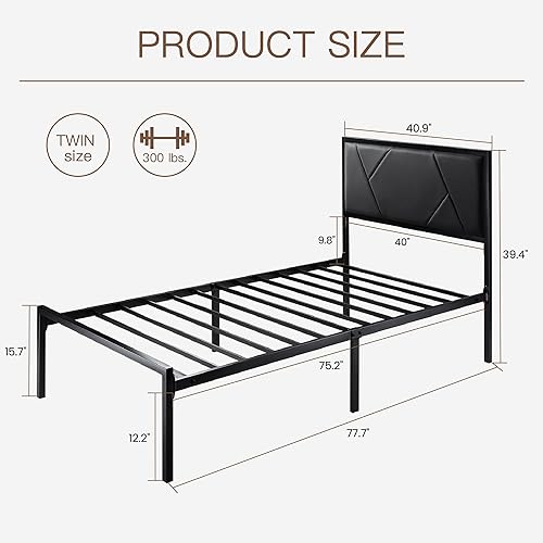 Miniatura 2 de Marco de cama de metal tamaño individual con cabecera tapizada, diseño geométrico de cuero de grano litchi, no necesita somier, color negro