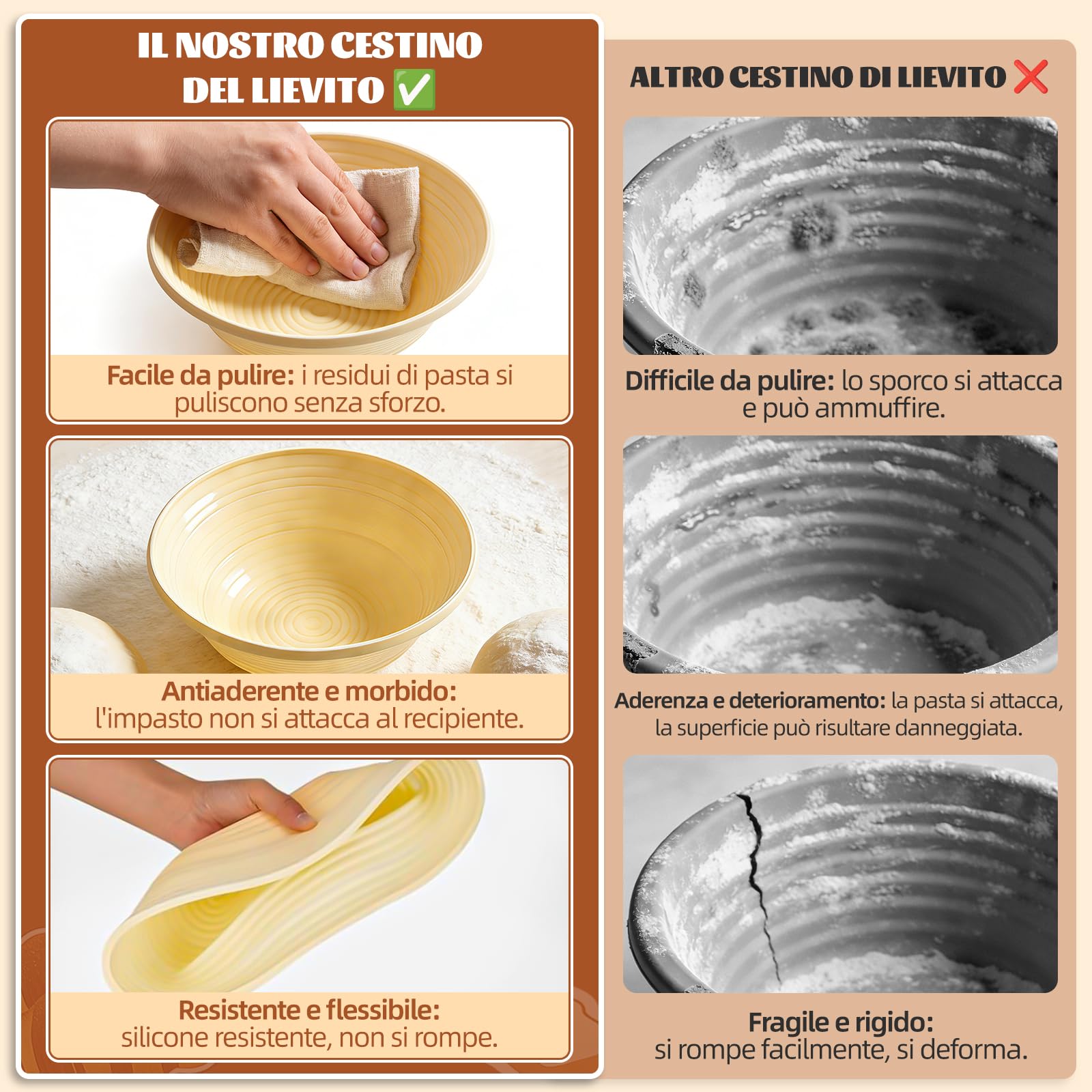 Set di 10 cestini per lievitazione naturale, 23 cm, rotondi e 25 cm, ovali, cestino per la lievitazione, per il pane, pieghevole, con raschietto per impasto, per il pane, per la fermentazione e altro