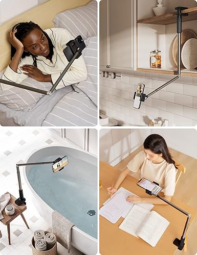 Miniatura 2 de Viozon Soporte para teléfono, brazo largo flexible, montaje superior, ángulo ajustable de 360, aleación de aluminio, abrazadera C para cabecero,