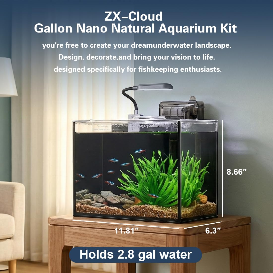 Betta - Tanque de peces, kit de iniciación de acuario, kit de pecera de 2.8 galones, acuario pequeño, acuario pequeño, nano acuario ultra transparente con luz, filtro, adoquines, arena y plantas