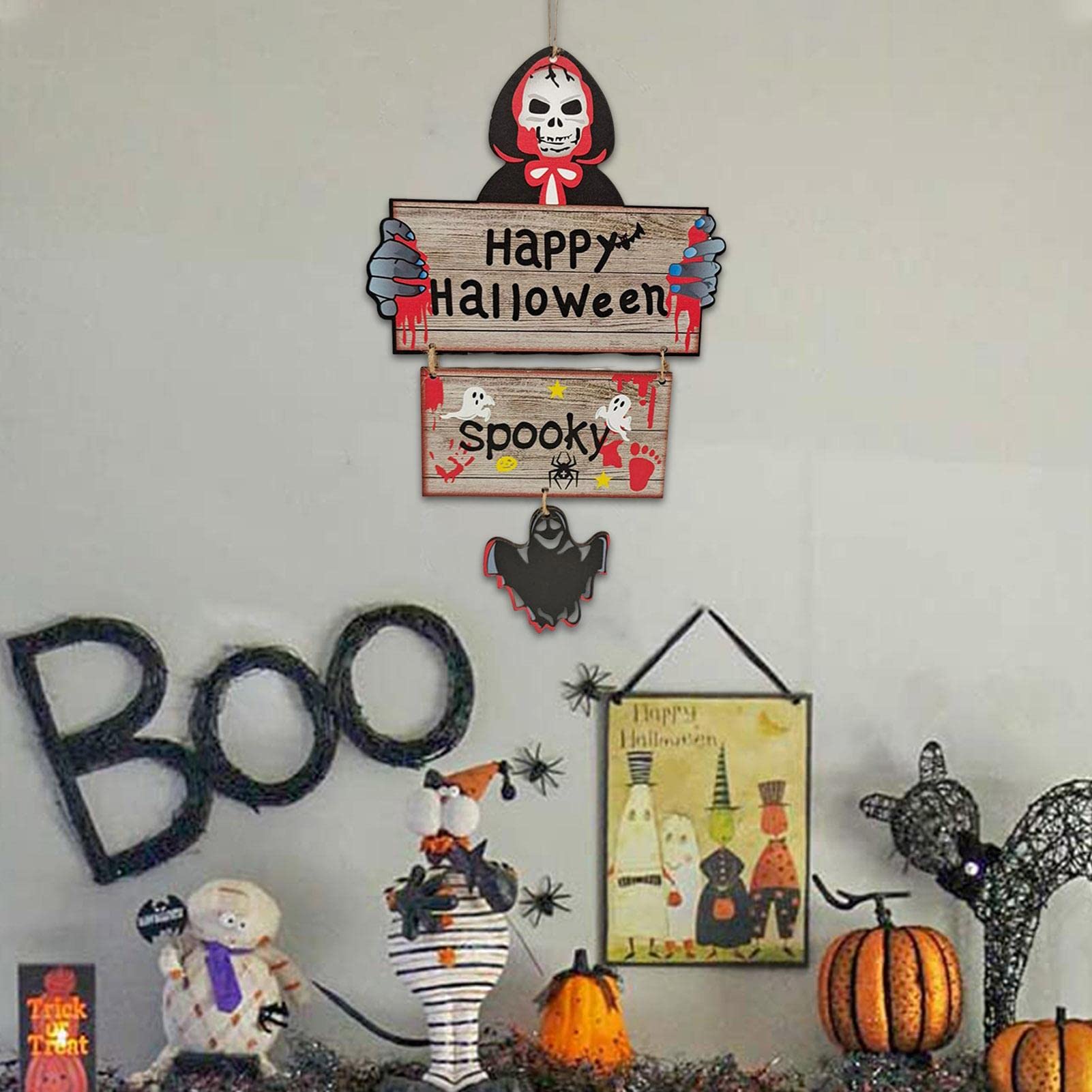 Cartello Di Benvenuto Halloween - Decorazione Porta Con Zucca E Luci LED, In Legno 32x24 Cm
