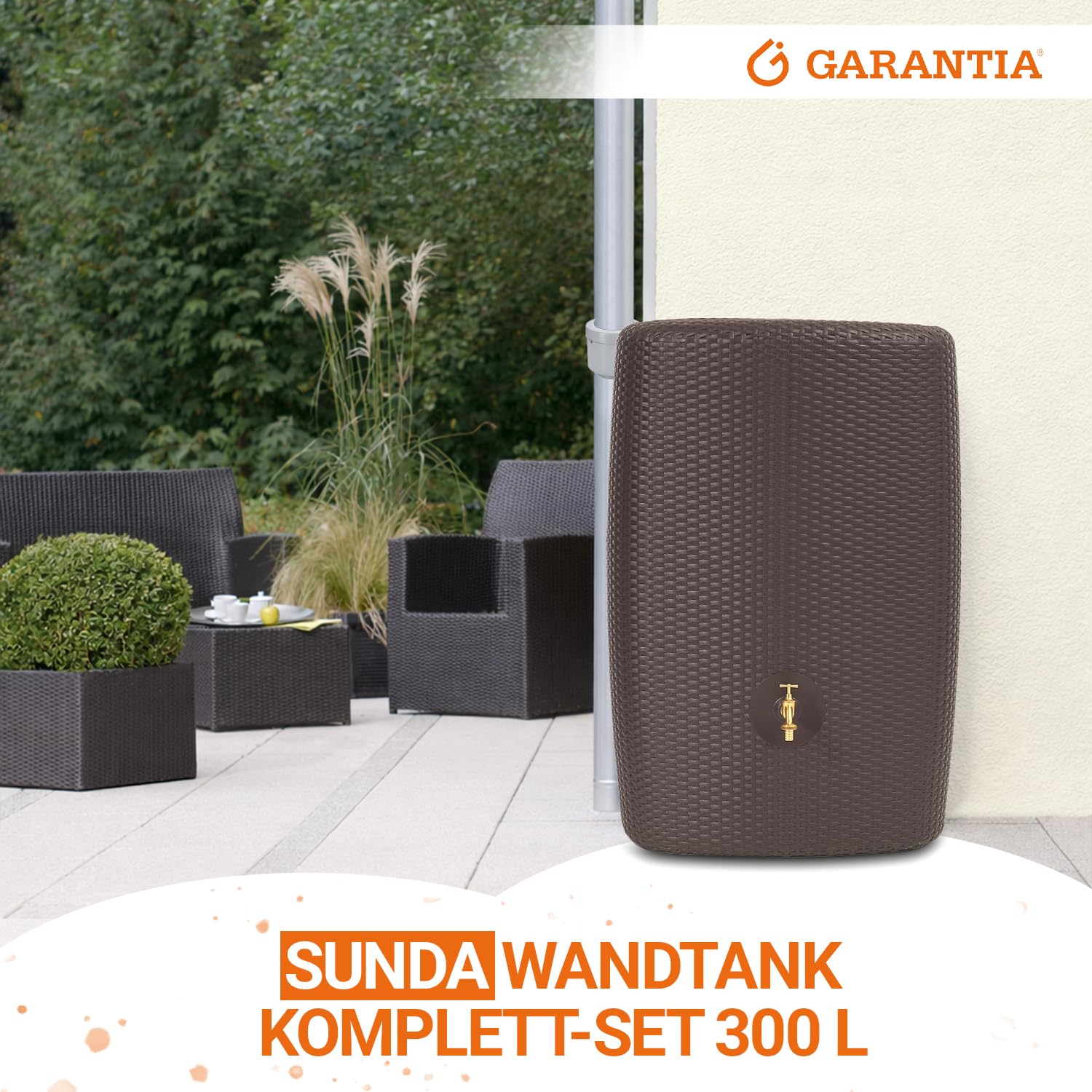 GARANTIA SUNDA Regentonne Komplett-Set 300 Liter Mocca | inkl. Messing-Auslaufhahn und Fallrohranschluss Wandtank, Wassertank, Regenwassertonne, Regenwassertank, Wasserbehälter