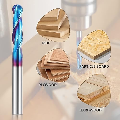 Miniatura 5 de HQMaster Brocas de enrutador CNC, fresadora de punta de bola de vástago de 14 pulgadas con revestimiento nano azul, brocas CNC en espiral para