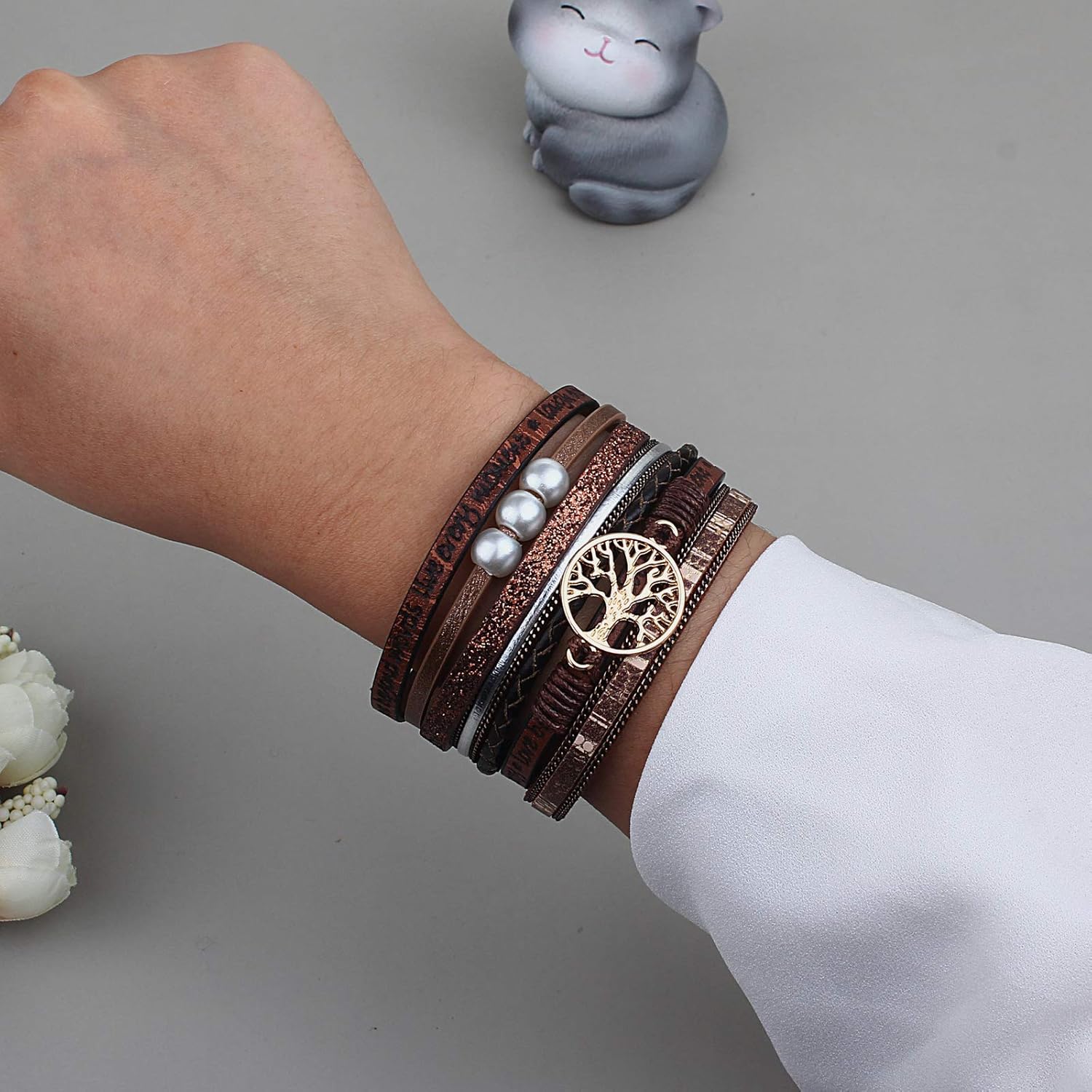 FANCY SHINY Tree of Life Leather Wrap Bracelet Inspirational Cuff Bangles Boho Pearl Bracelets with Magnetic Clasp Unique Jewelry Gifts for Women Coffee image 7 of 7 B08S47X1D1