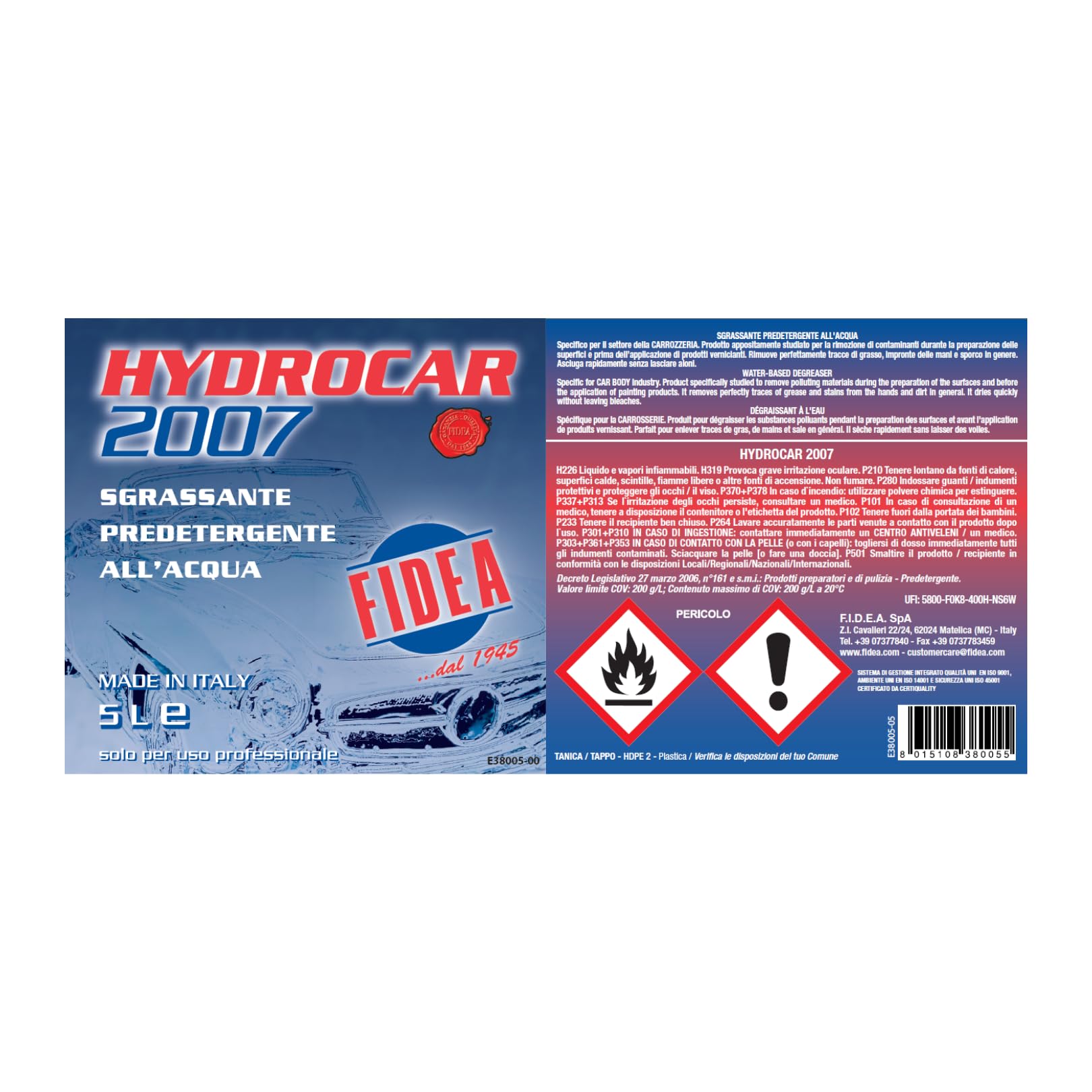 FIDEA HYDROCAR 2007 – Sgrassante Predetergente All’Acqua per Carrozzeria – Pulizia Superfici Prima della Verniciatura – Rimozione Grasso, Impronte, Sporco – Rapida Evaporazione, Senza Aloni - 5 Litri