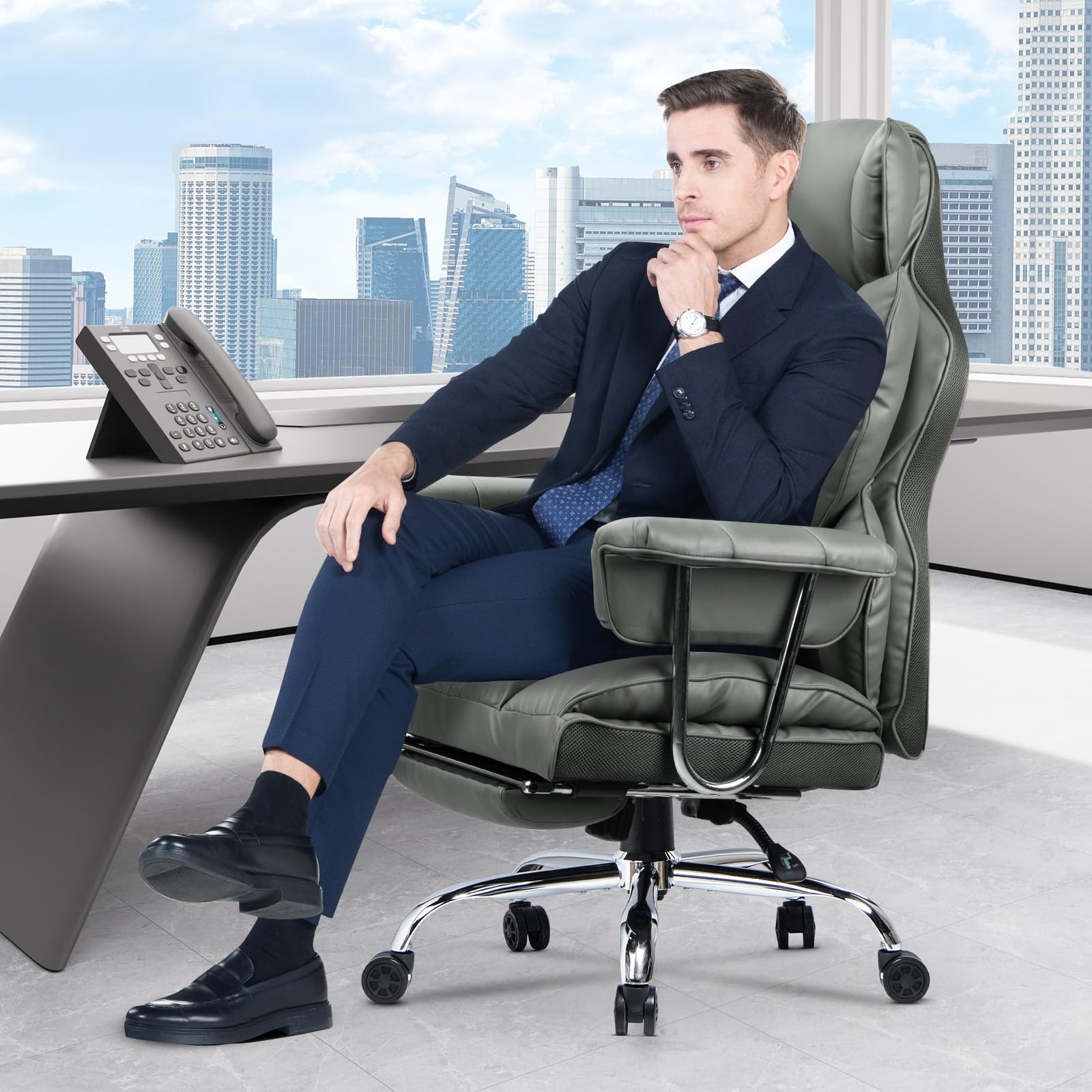 Racingreat Silla de Escritorio ergonómica con reposapiés Extensible,Silla de Oficina Ajustable en Altura,Respaldo Blando Grande,Apoyo Lumbar Individual,Silla de Oficina en Cuero de PU,Gris