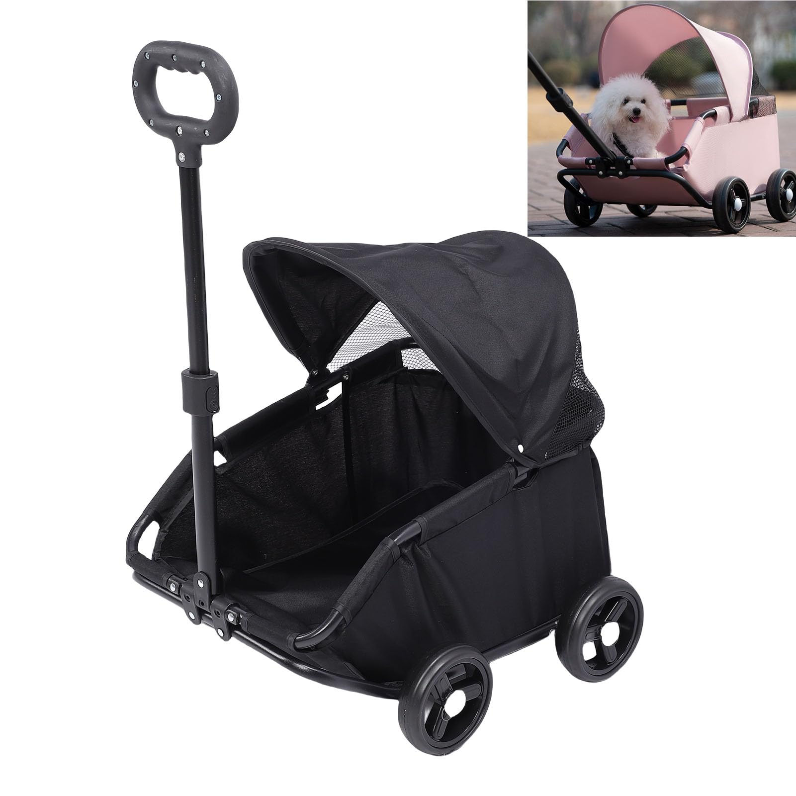 VBESTLIFE Passeggino per Animali Domestici Pieghevole Leggero, Design a 4 Ruote con Tettuccio Parasole e Carrello per Animali Multifunzionale Pieghevole con una Sola Mano per Cani di (BLACK)