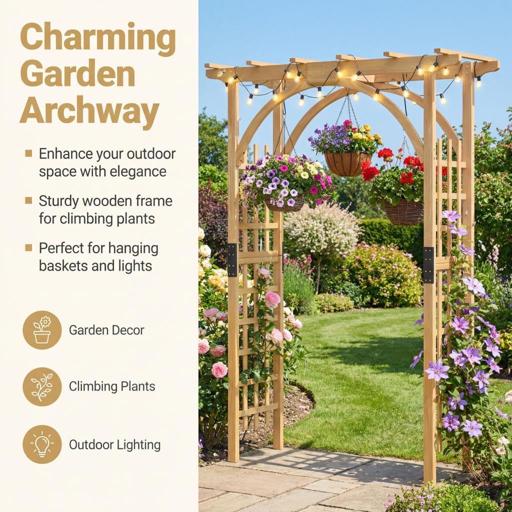 HOMASIS Arco da Giardino in Legno, Pergolato da Giardino per Piante Rampicanti, Arco Decorativo per Matrimoni, Feste e Cerimonie (Naturale, 160 x 60 x 217 cm)