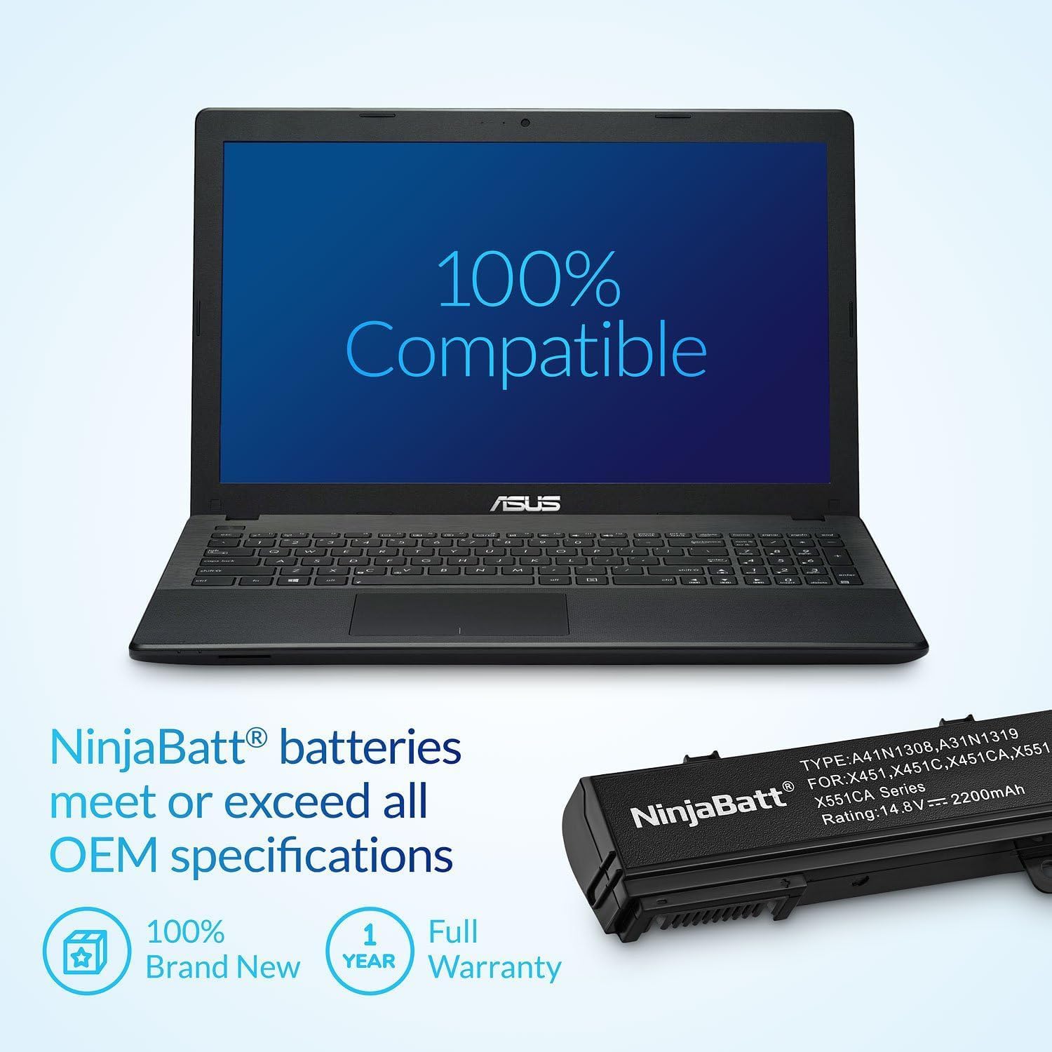 NinjaBatt Battery for Asus X551 X551M A31N1319 X551C A41N1308 X551MA D550 X551CA A31LJ91 X451 X451C 00B110-00250600 0B110-00250100 - High Performance [4 Cells/2200mAh/32wh]