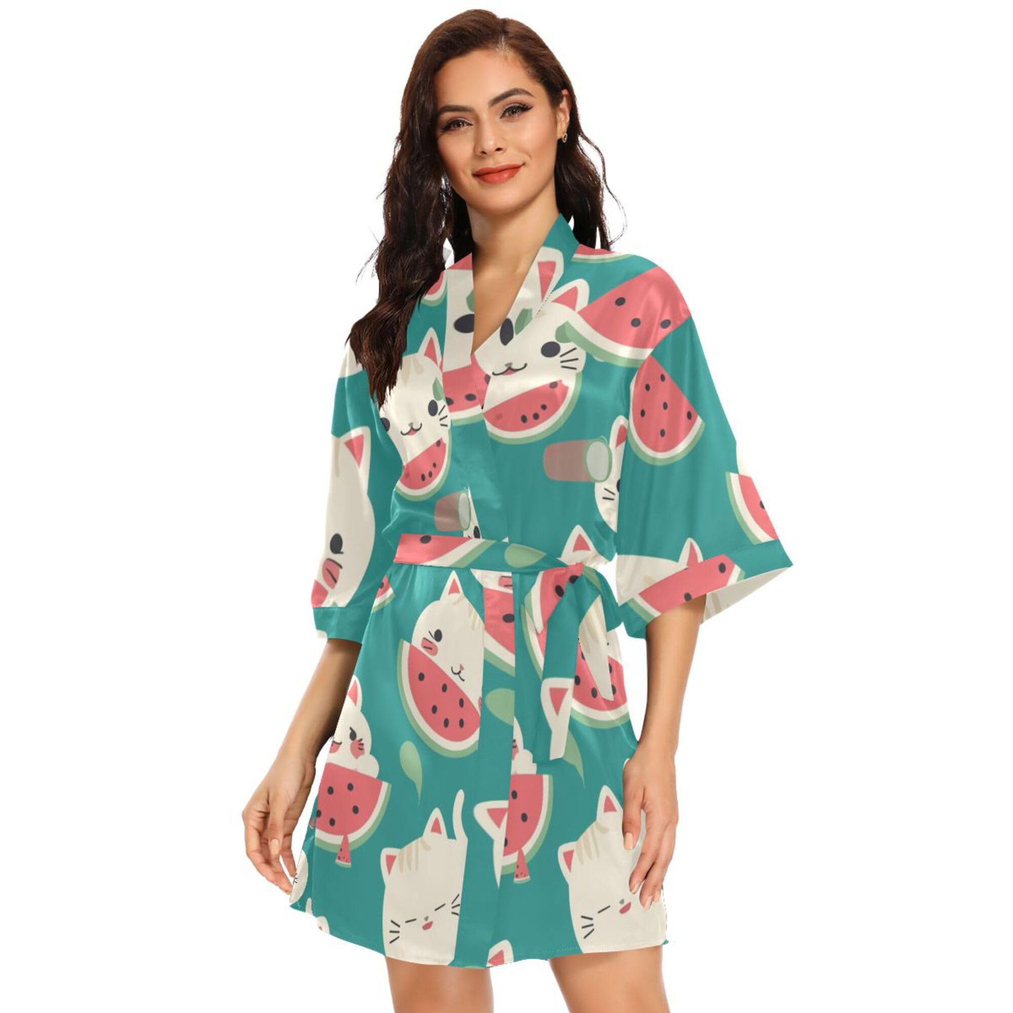 Cute Summer Cute Cats Watermelon Women Kimono Robes, Dressing Gown Loungewear Skin-friendly Sleepshirt Casual