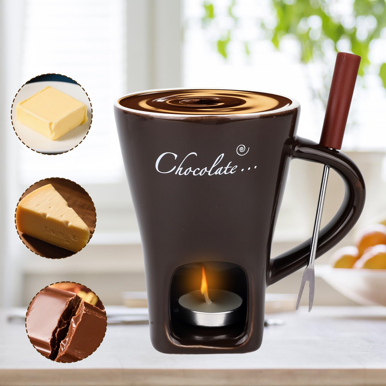 Schokoladen Fonduebecher mit Gabel und Teelichtern, Süßer Schokoladenschmelzbecher Keramik Fonduetopf Set für Schokolade Käse Süßigkeiten Ideale Geschenke Dateabend Hochzeit (Dunkelbraun)