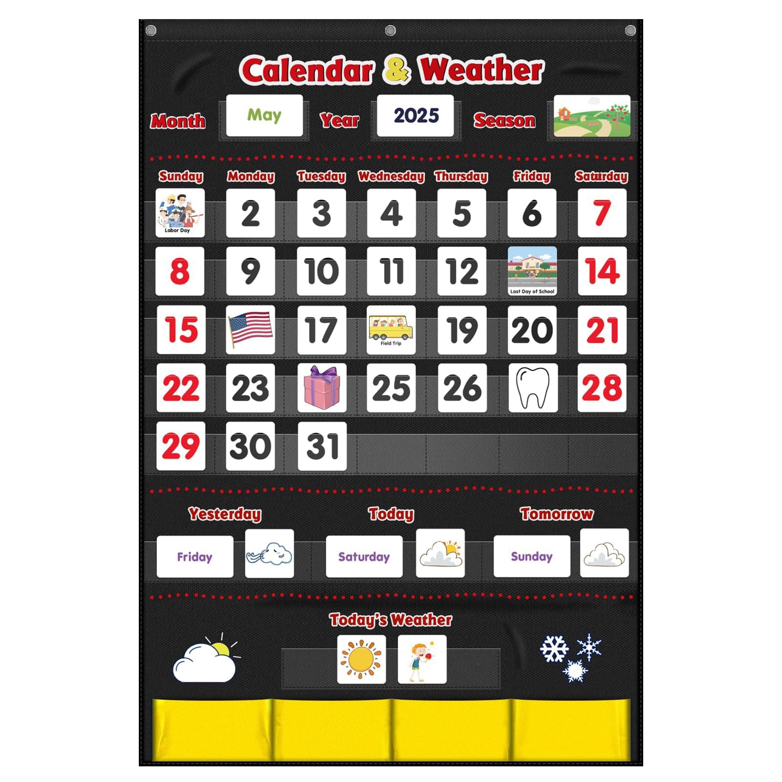 Calendar and Weather Pocket Chart, Classroom Organized Chart, 149 Pieces (Black)