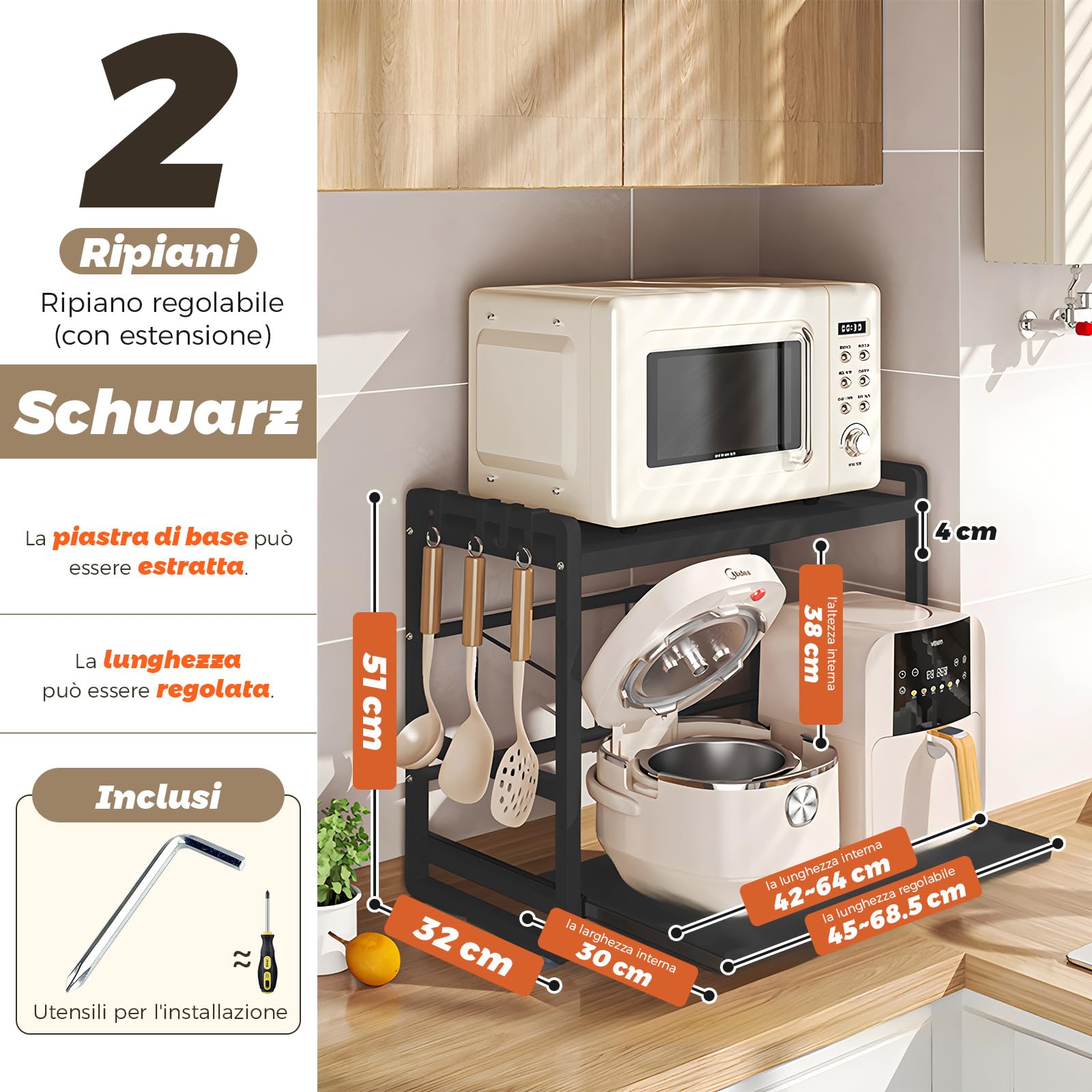BeSokar Scaffale per microonde a 2 ripiani, regolabile in altezza ed estraibile, con cassetto, in acciaio al carbonio, con ganci e ventose di rinforzo, facile da montare (nero)