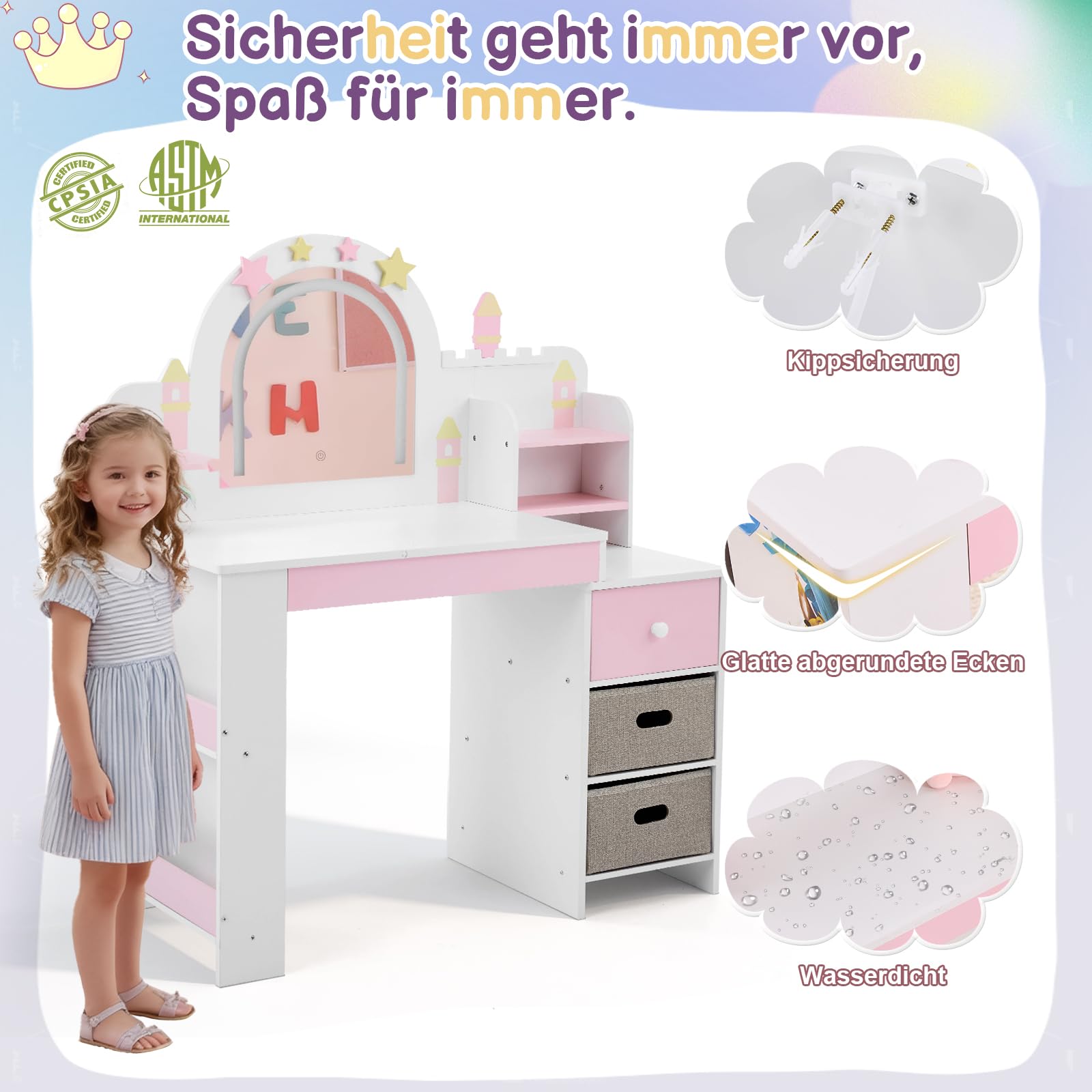 LALAHO Schminktisch Kinder mit Hocker Frisiertisch Kinderschminktisch für Mädchen aus Holz mit Beleuchtung, Spiegel, 5 Schubladen & Bücherregal，-Kosmetiktisch Set für ab 3 Jahren，(Weiß)
