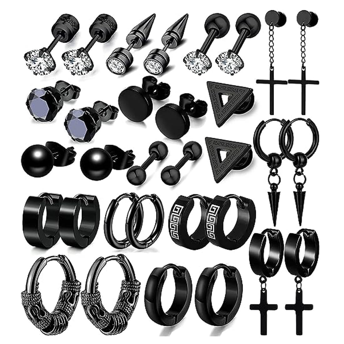 DDKY 16 pares de hombres Pendientes de aro,Pendientes de los hombres,Pendientes de aro de acero quirúrgico,Pendientes de los hombres Negro Cruz Colgante Set Ronda de plata circonitas Punk Pendientes