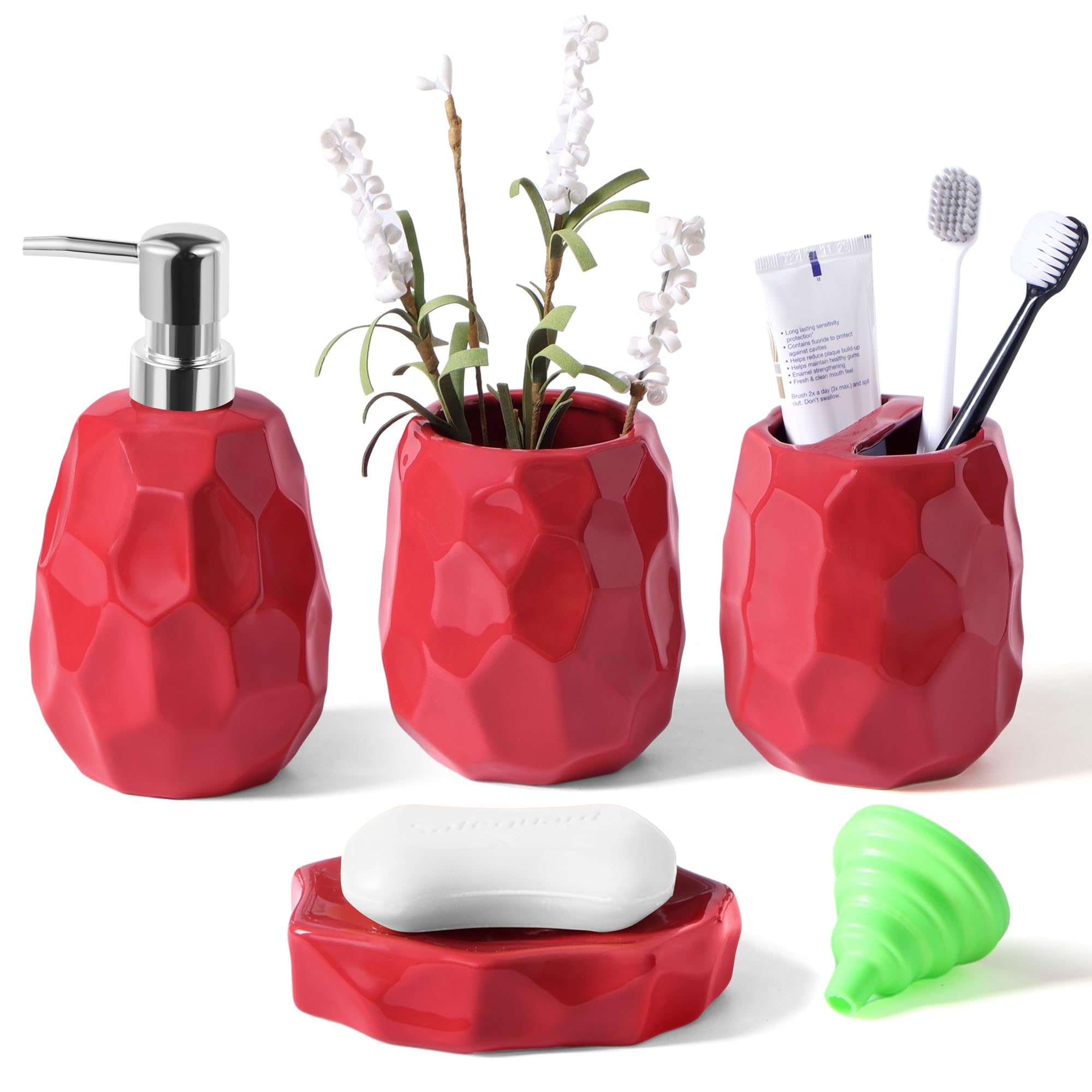 Set di accessori da bagno, set di 4 accessori da bagno, dispenser di sapone per lozione, portasapone, porta spazzolino, bicchiere per spazzolini, organizer da bagno per bagno moderno (rosso)