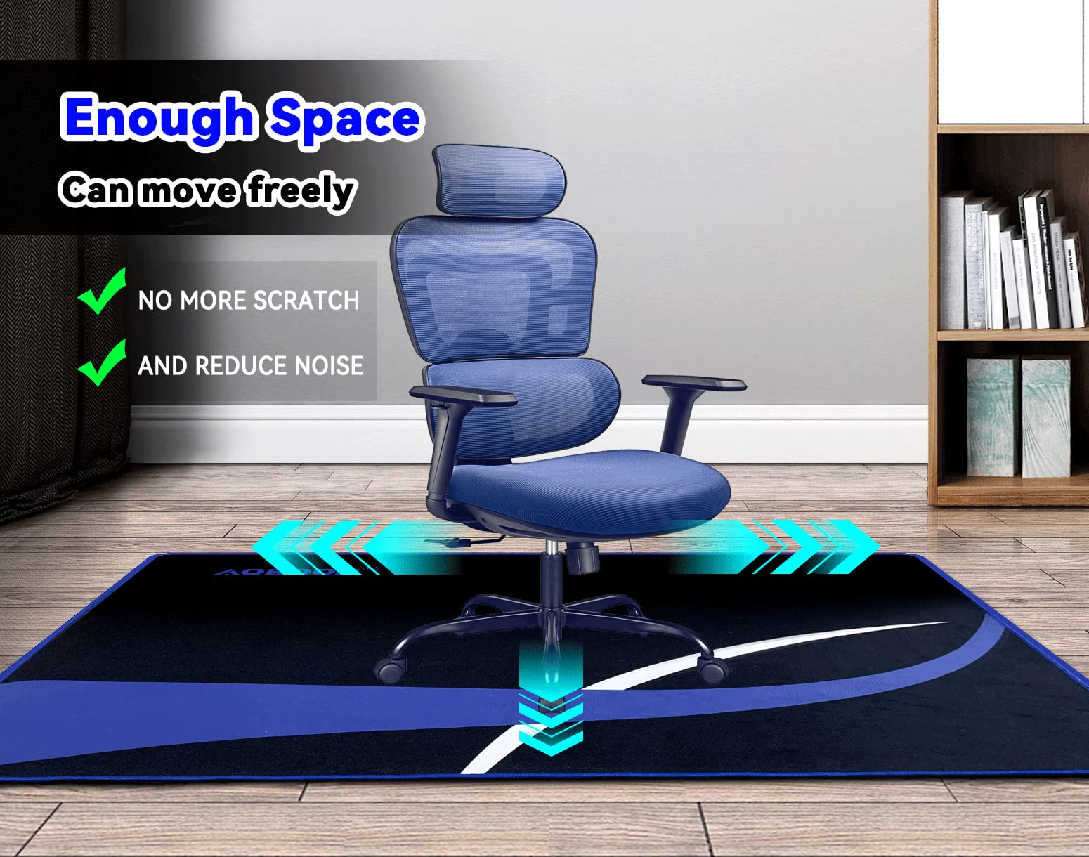AOBOOK Desk Chair Mat for Hardwood Floor, 36"x48" Office Gaming Chair Floor Mat for Hardwood/Tile, Large Anti-Slip Floor Protector with Double-Sided Tape for Home Ofice, Blue