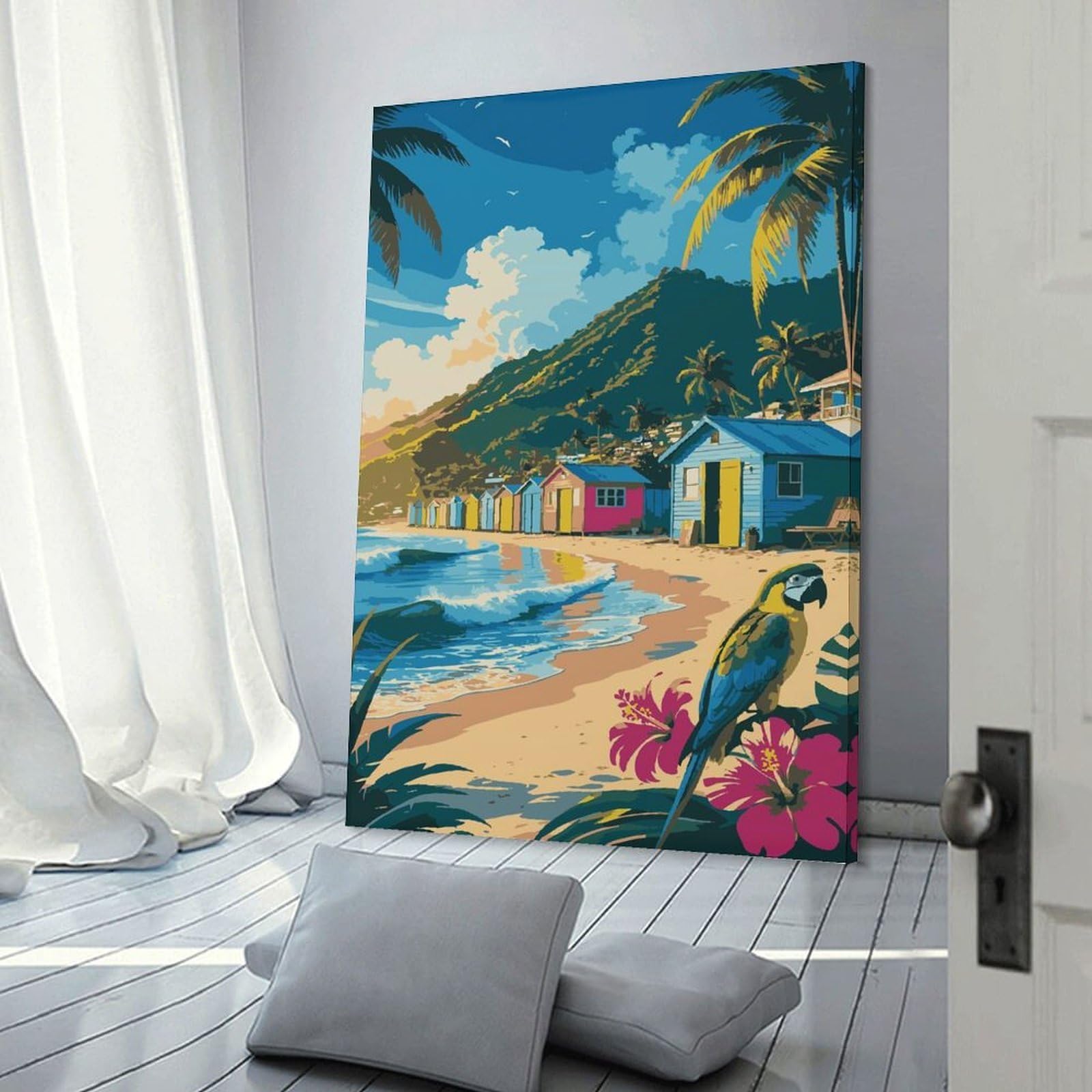 Junmoney Tropical Beach with Colorful Huts And Parrot Wall Art Print, 24x36inch(60x90cm), for Wall Displays, Bedrooms Or Room Updates, A Versatile Canvas Print for Layering