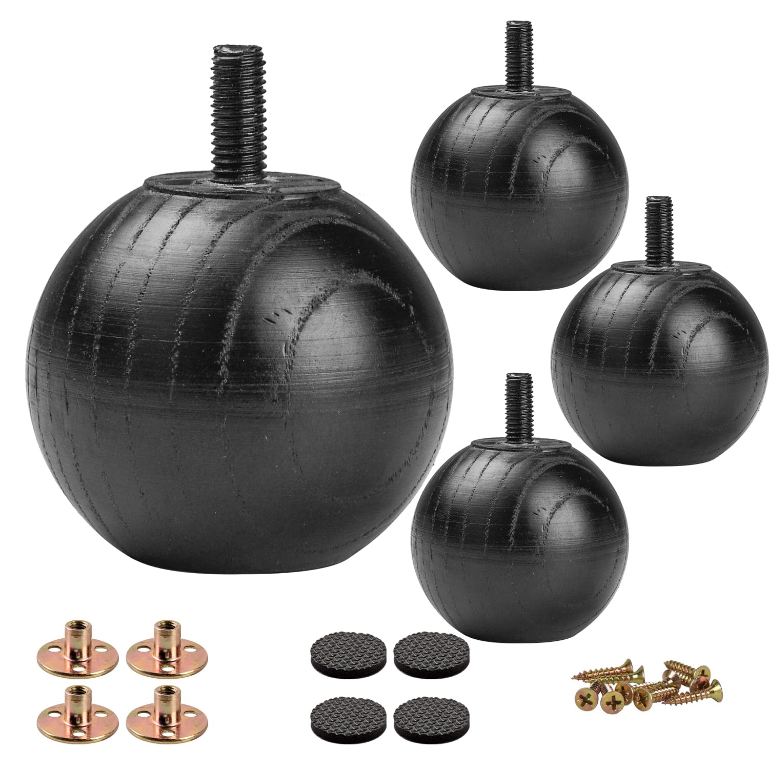2 inch /5cm Ash Wood Furniture Legs,4Pcs Black Round Small Ball Sofa Legs,Minimalist Modern Wooden Replacement Bun Feet with M8 Bolt &Mounting Plate for Bed Couch Dresser Cupboard Cabinet
