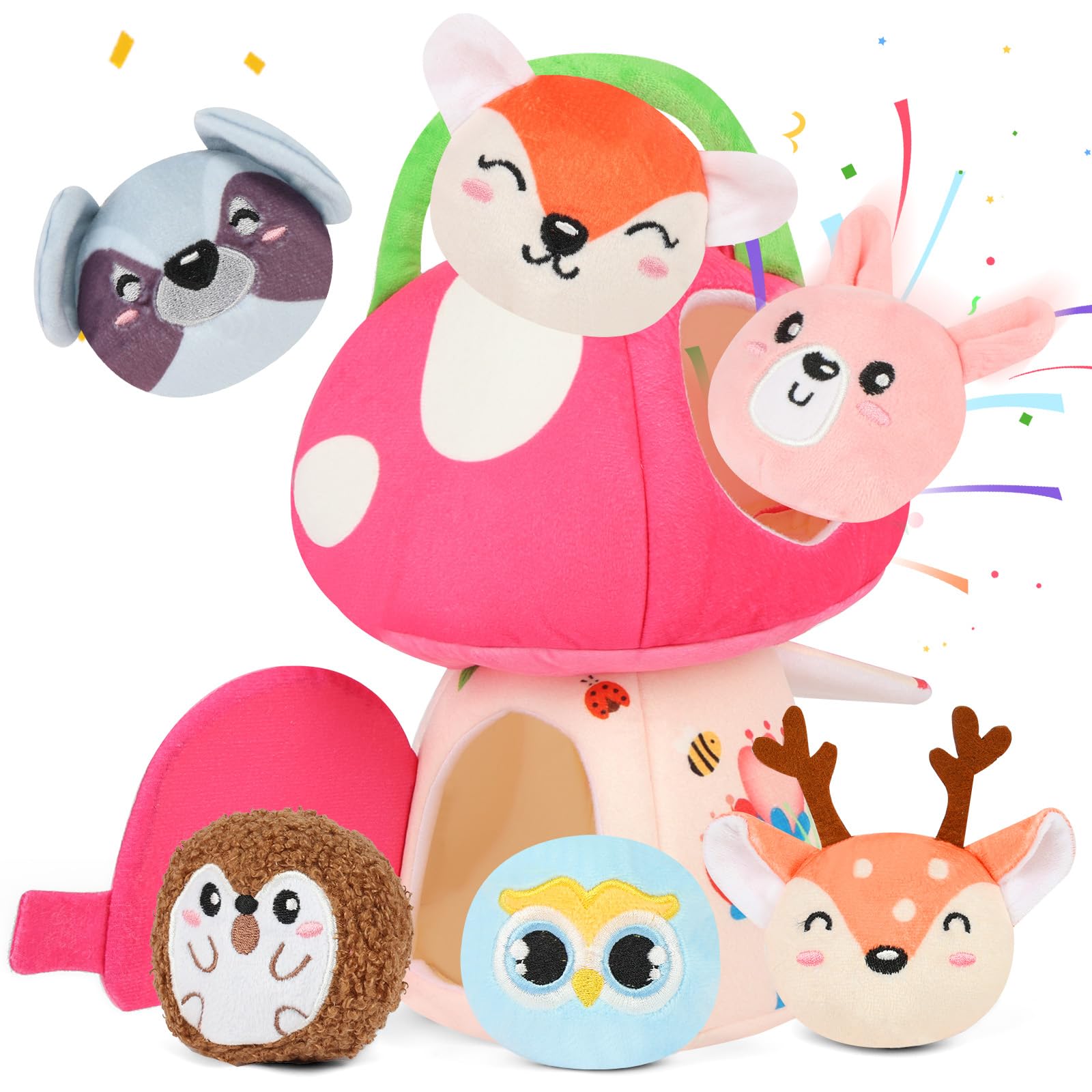 Vicloon Baby Toys 6-12 Months, Soft Mushroom House with 6 Animals(Rattle, Crinkle Paper, Mirror), Busy Montessori Sensory Toys for Babies, Early Learning Gifts for 6-12 Months Boys Girls