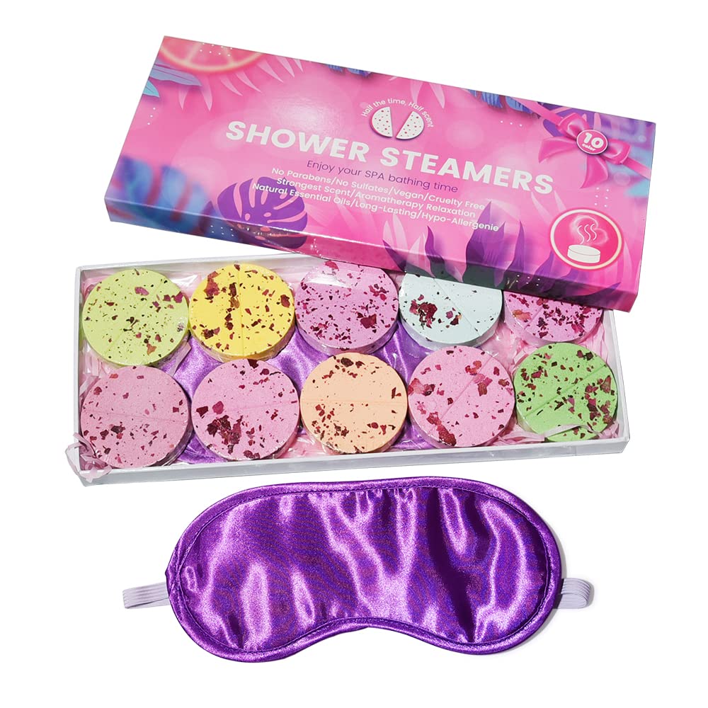 M&U MAKE YOU UP Shower Steamers Aromatherapy with Eyeshade - Variety Pack of 10 Dried Flower Shower Bombs with Essential Oils, Women Stress Relief Spa Gift for Birthday, Christmas and Valentine's Day