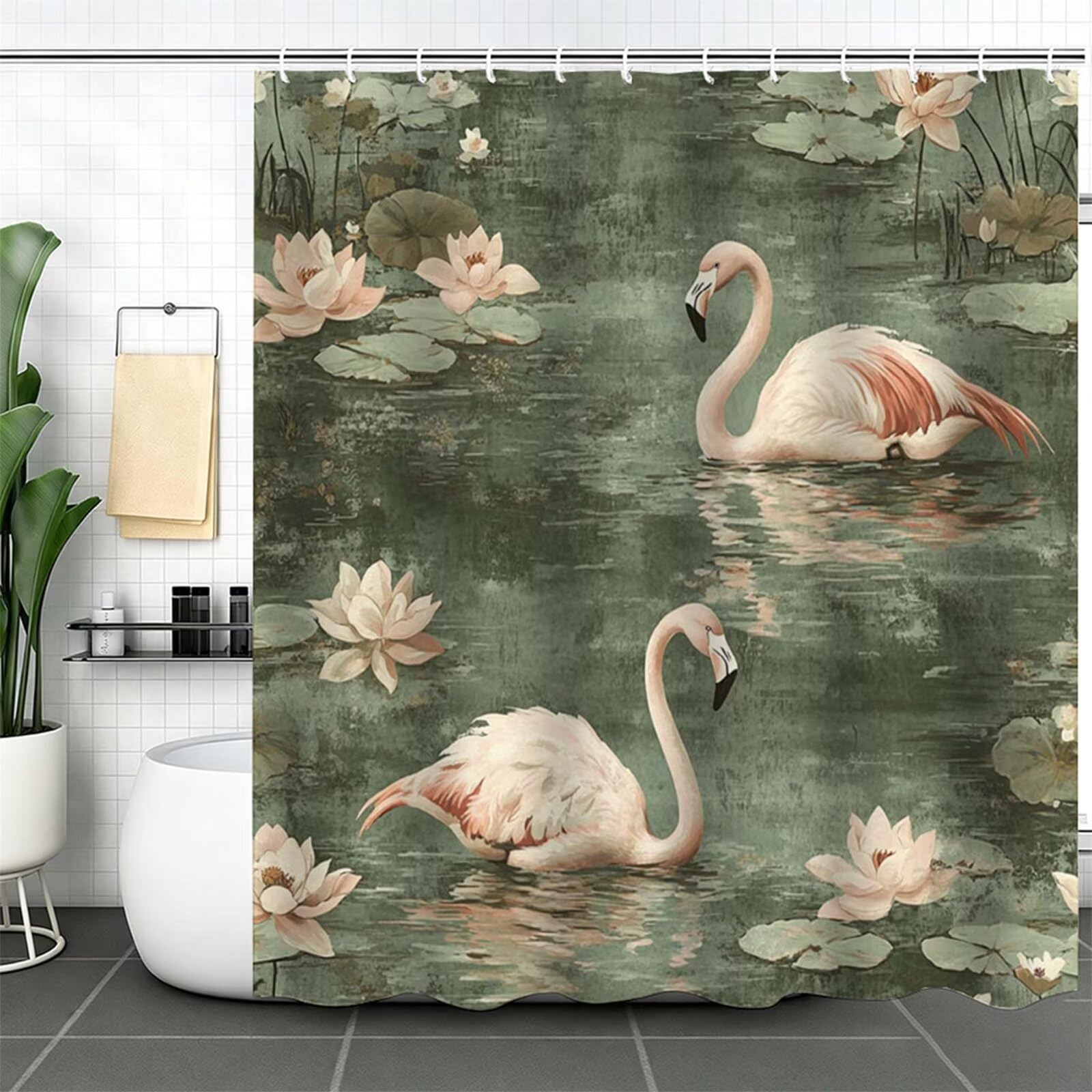 colore senape Tenda Doccia 240x200cm, Tenda per Doccia Tessuto Poliestere Impermeabile Asciugatura Rapida con 12 Anelli, Tende Finestra Bagno e Vasca Pieghevole Shower Curtain Fenicotteri J-438