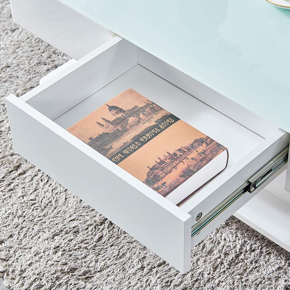 Modern White High Gloss Coffee Table with 2 Storage Drawers Living Room