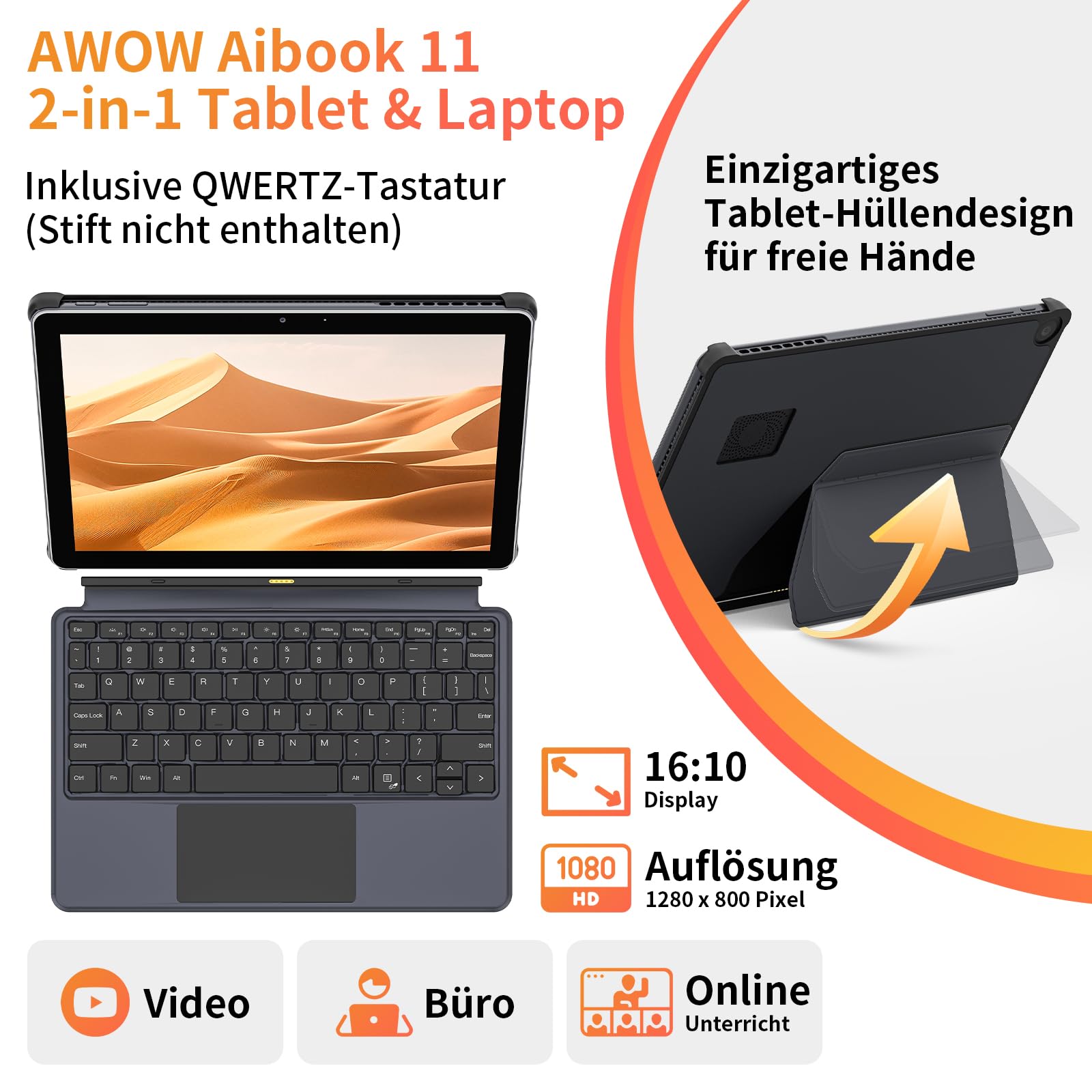 AWOW AIBOOK 11 10,1 Zoll 2-in-1 Tablet PC mit Deutsch-Tastatur – 12GB LPDDR5 RAM, 256GB PCIE3.0 SSD,Alder Lake N95, Touchscreen, Dual-Band WiFi, USB-C, HDMI, 8MP Kamera