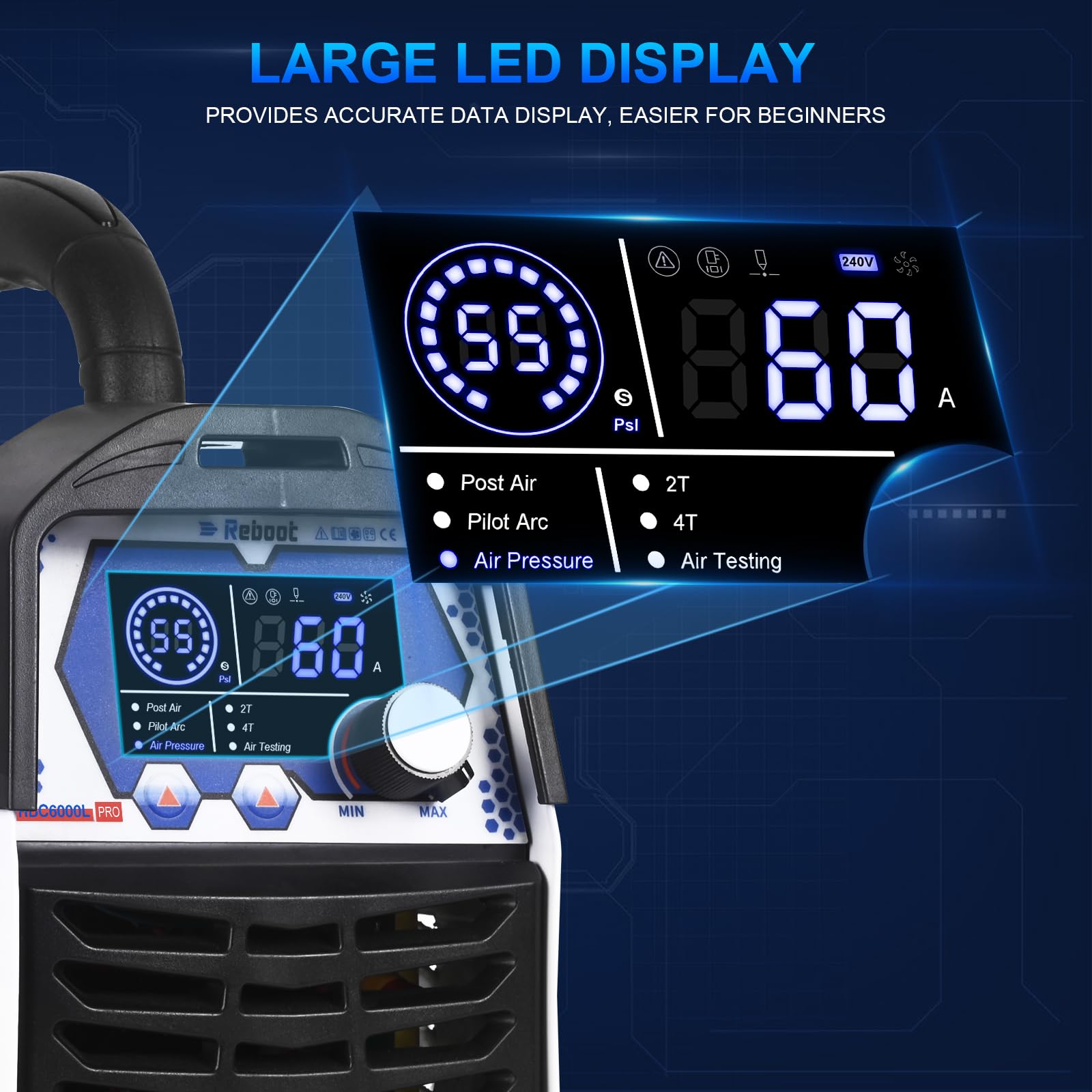 Cortadora de Plasma 60A 240V con Arco Piloto Sin Contacto, Válvula de Reducción de Presión Preinstalada, Alta Frecuencia, Pantalla Digital - Corta Acero Inoxidable, Aluminio y Cobre con Facilidad