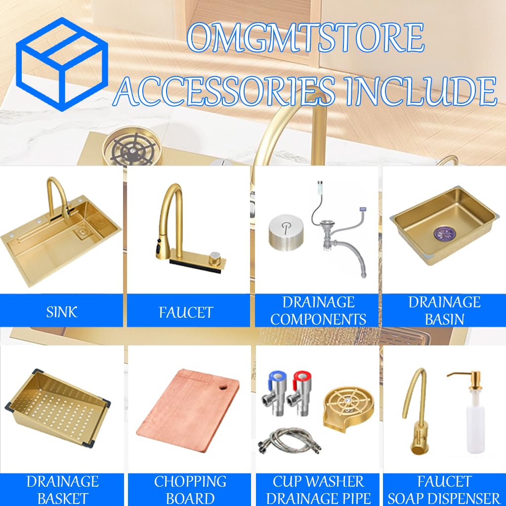 80 × 45 cm, lavello a cascata in acciaio inox con rubinetto 3 in 1, multifunzione, lavello da cucina singolo, con cestello di scarico, vasca di scarico, tagliere, vassoi per tazze