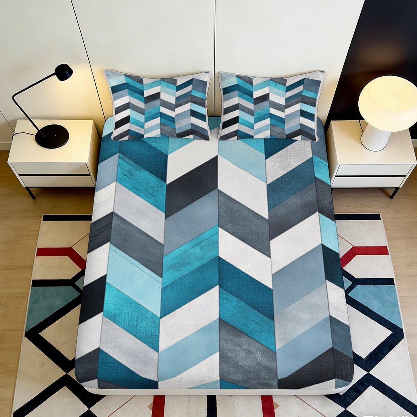 Pnayamiorkfel Style-8 3D Printed Blue Chevron Fitted Sheet Microfiber Soft Breathable Geometric Mattress Cover For Bedroom Guest Room 90X200x25cm