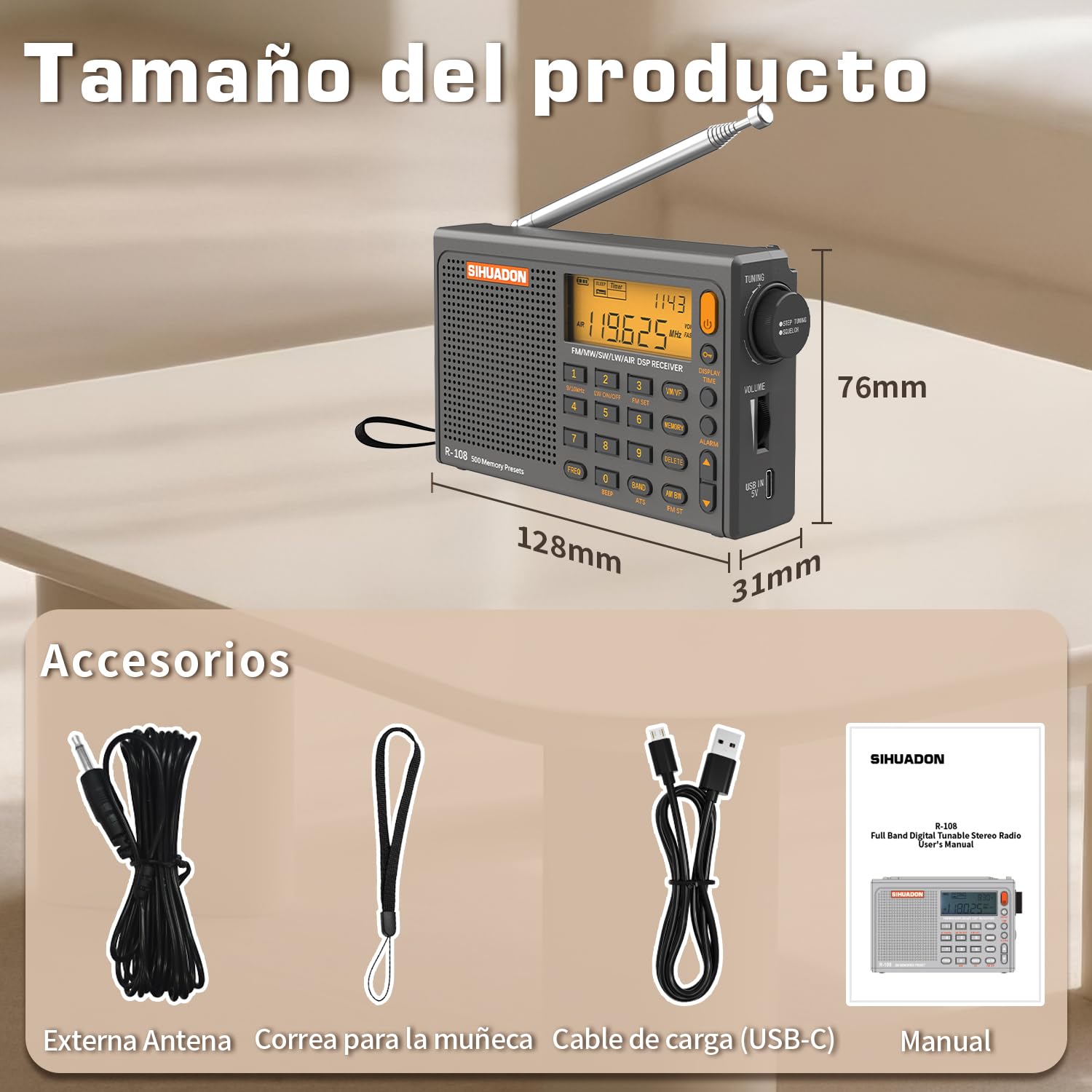 R108 Radio Portatil Pequeña FM Am SW KW MW Banda De Aviación Radio Multibanda con Altavoz Excelente VisualizacióN del Tiempo De RecepcióN RetroiluminacióN De La Radio Digital Gris