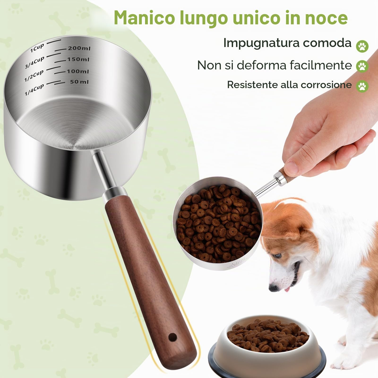 Misurino per cibo per cani e gatti, in acciaio inossidabile 304. Capacità di 1 tazza. Misurazioni della scala di precisione